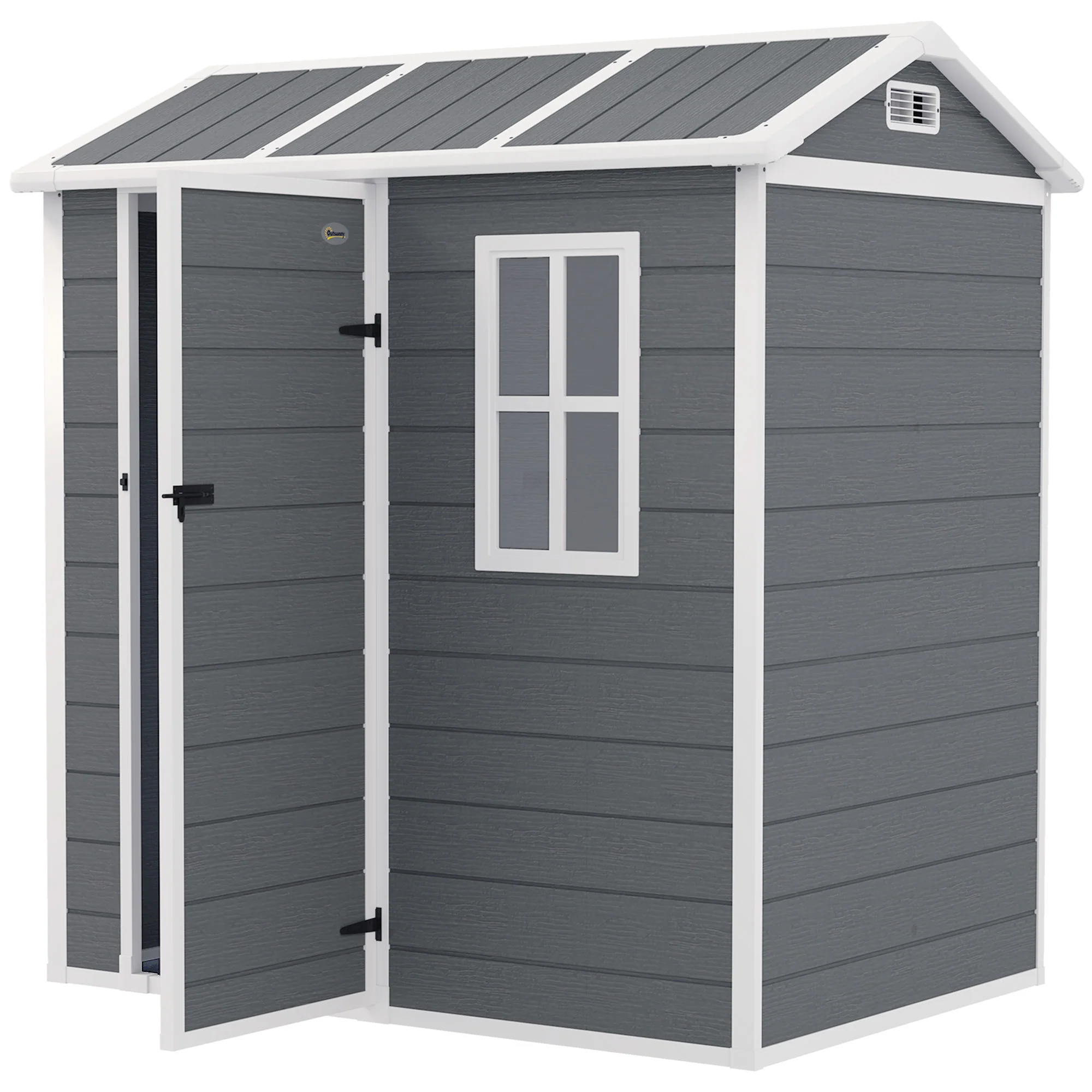 Outsunny Tuinhuis, Gereedschapsschuur met Bodem, Raam, Afsluitbare Deur, Kunststof-Harz, Weerbestendig, Grijs