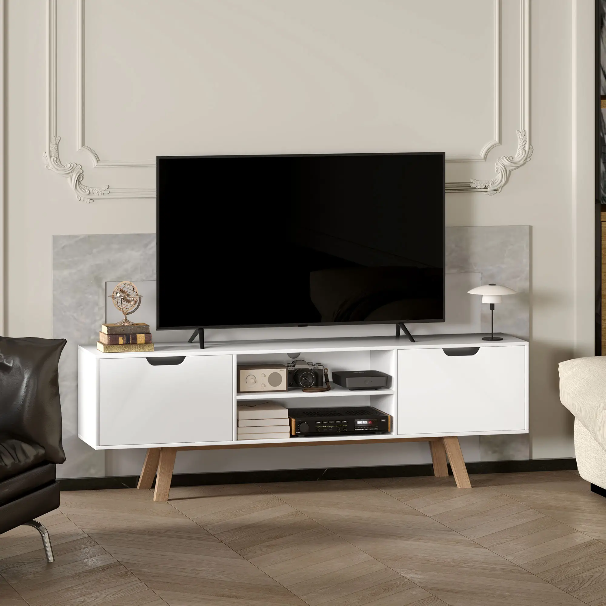 HOMCOM TV-meubel 65 inch met kabelbeheer en 2 kasten Wit
