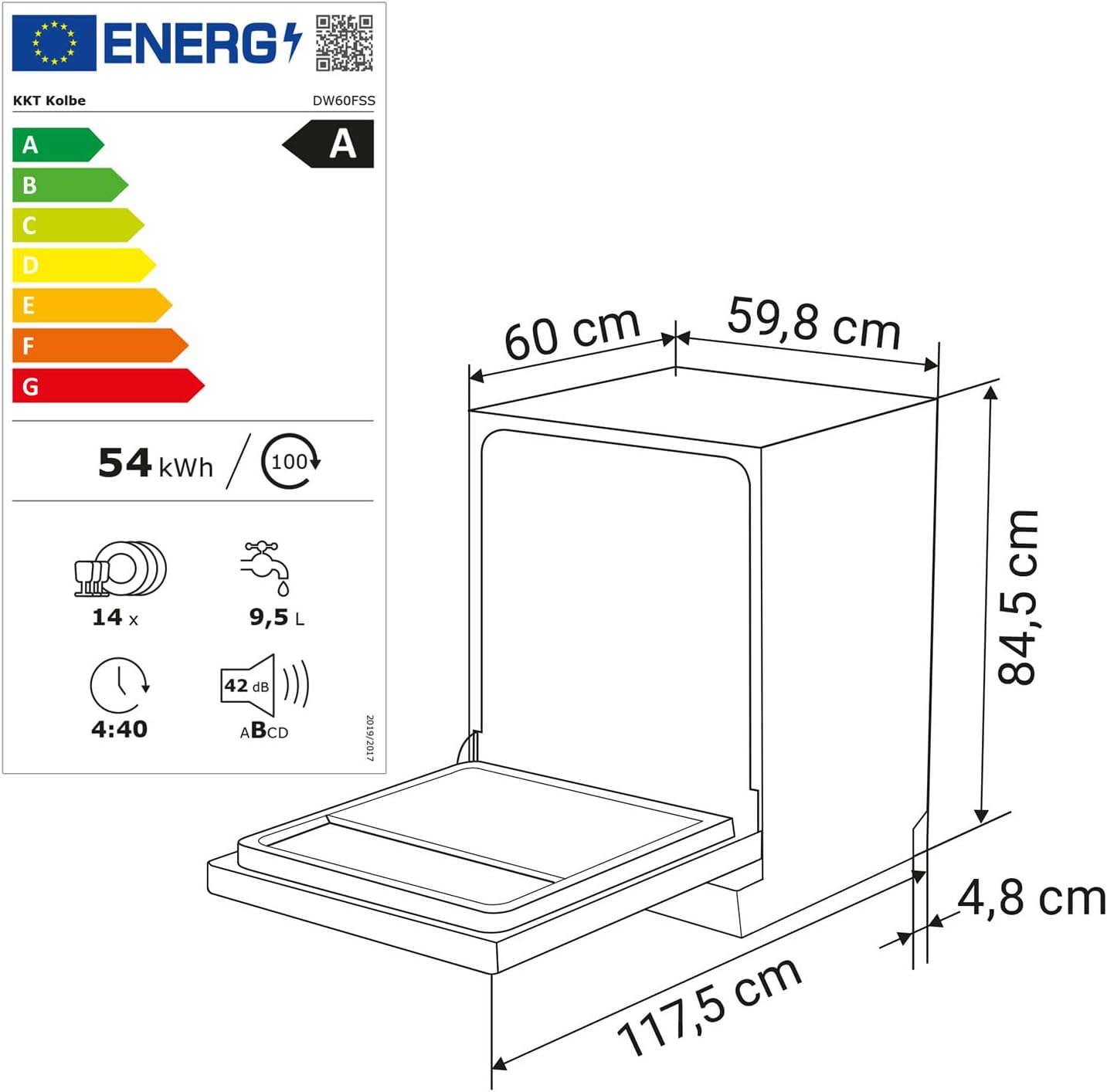 KKT KOLBE 60 cm Geschirrspüler Spülmaschine Schwarz Silber Freistehend, Unterbaufähig, Besteckschublade, LED-Beleuchtung, Automatische Türöffnung, höhenverstellbar, 7 Programme, 14 Maßgedecke, DW60FSS