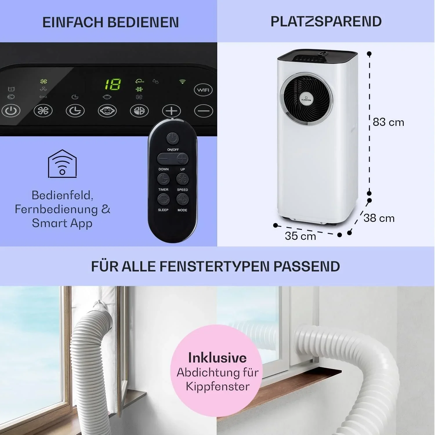 Klarstein Mobile Klimaanlage mit Abluftschlauch, 5-in-1 Klimager?t, Ventilator, Luftentfeuchter, Luftreiniger & Nachtmodus, App-Steuerung, Kleine & Portable, f��r Wohnung & B��ro, 12000 BTU
