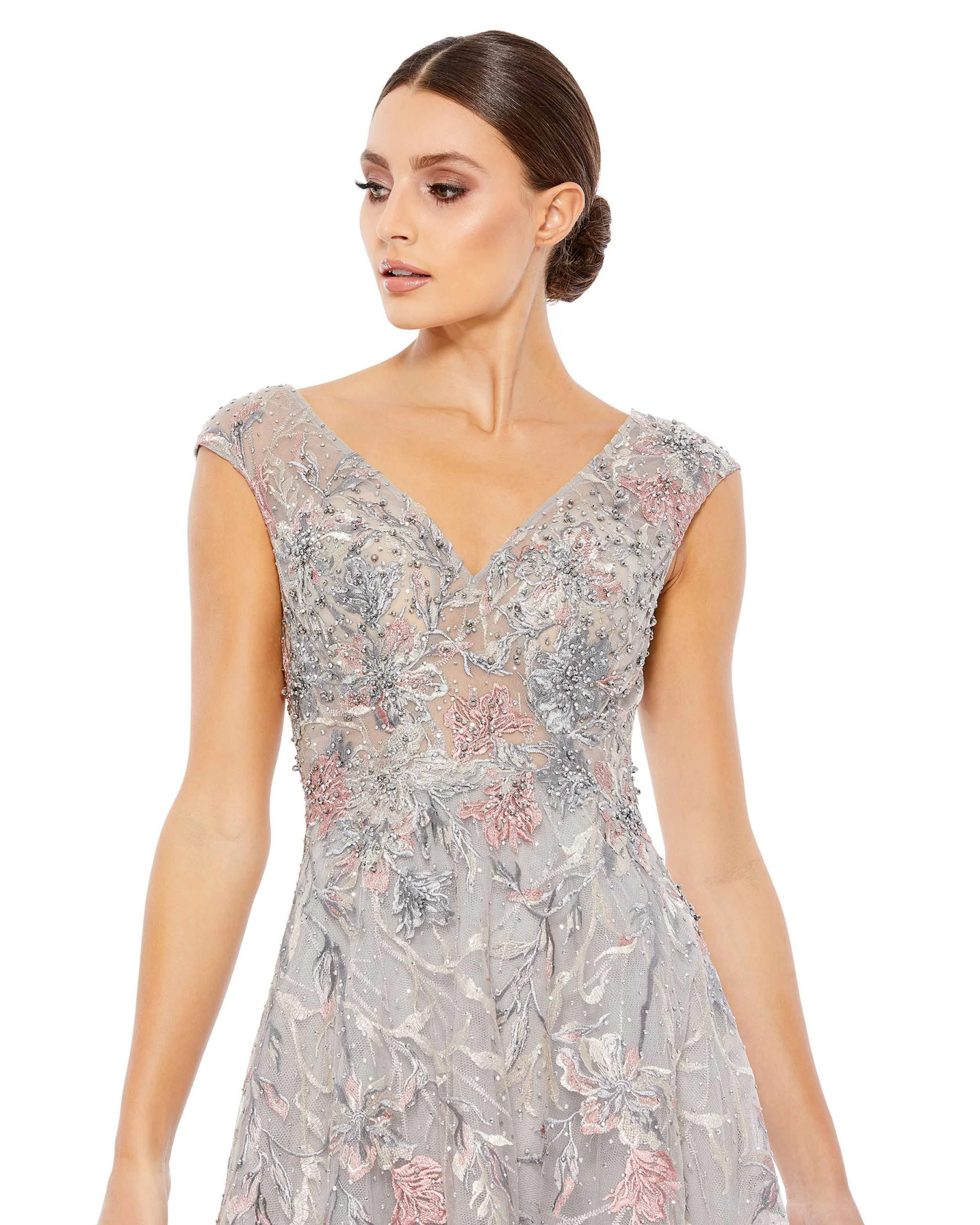 Mac Duggal Women’s Embroidered Illusion Cap Sleeve A Line Gownv