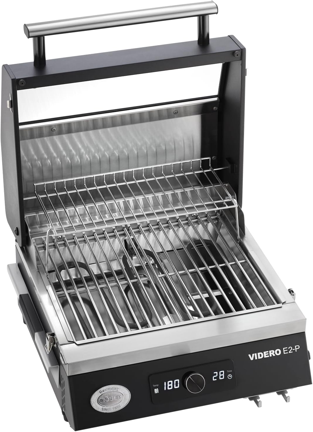 RÖSLE Elektrogrill BBQ-Portable Videro E2-P, tragbarer Tischgrill mit 2 Brennern, Warmhalterost und Deckel mit Glaseinsatz, pulverbeschichteter Stahl, schwarz/silbern