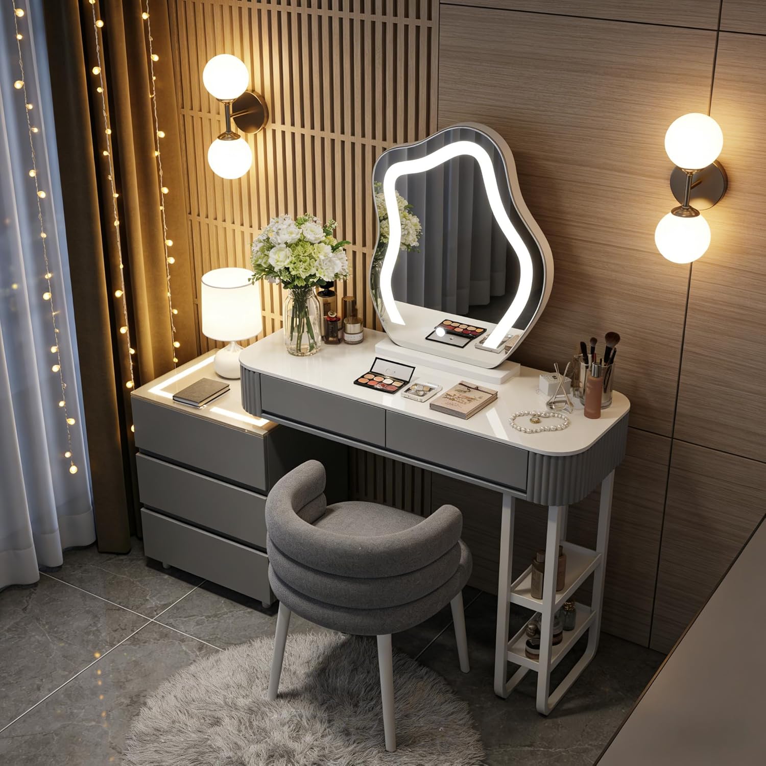 Schminktisch Mit Beleuchtung Und Hocker,Moderner Frisiertisch Mit Kabelloser Aufladung,Bluetooth-Audio,Schminktisch Mit Spiegel,3 Farben,Für Das Schlafzimmer (Graues Schminktisch-Set)