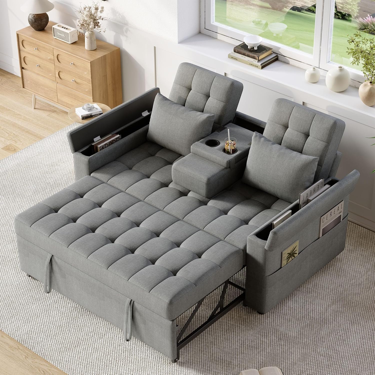2-Sitzer Schlafsofa mit Stauraum und Verstellbarer Rückenlehne, Sofa mit Armlehnen-Staufächern und Kissen, Vielseitiges Klappsofa für Wohnzimmer, Schlafzimmer oder Wohnung (Grau)