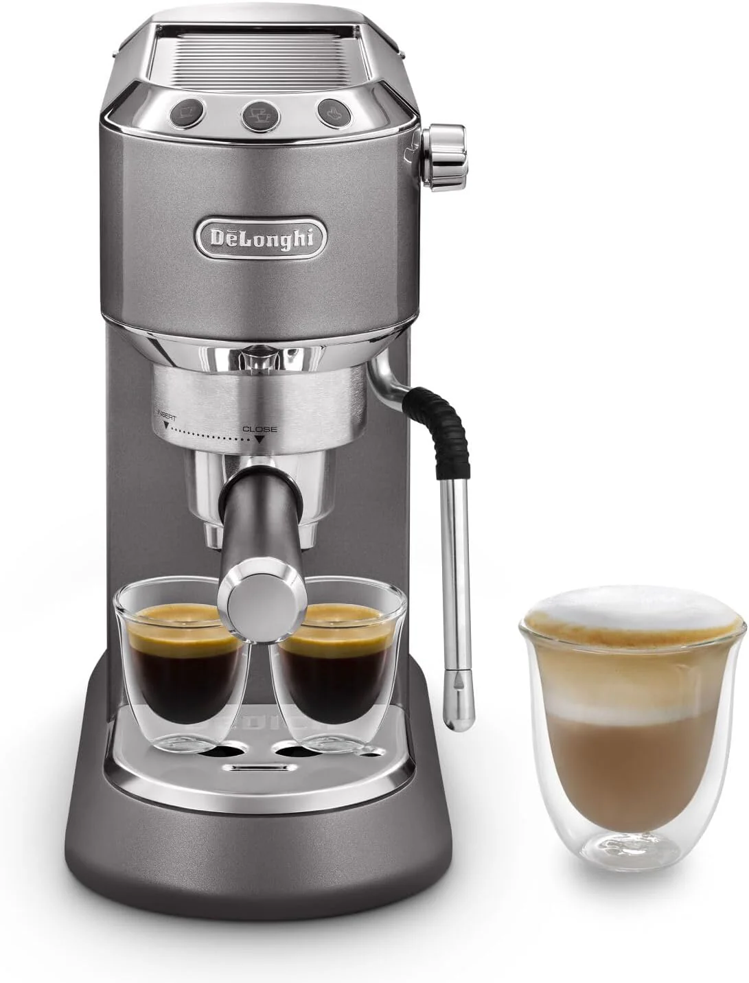 De'Longhi Dedica Style EC 685.M �C Espresso Siebtrgermaschine, Espressomaschine mit professionellem Milchaufschumer, nur 15 cm breit, f��r Kaffeepulver oder ESE Pads, 1 l Wassertank, silber