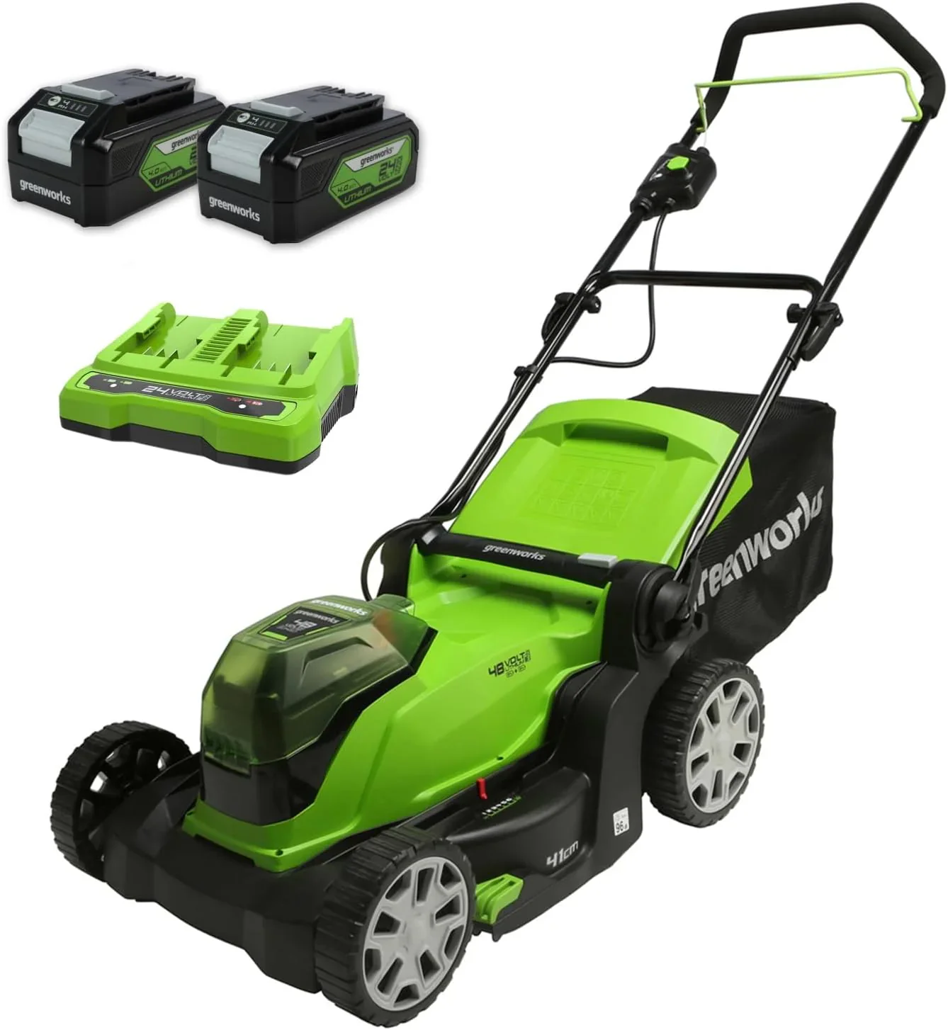 Greenworks 48V (2x24V) Selbstfahrender Akku Rasenmher f��r groe Flchen bis zu 480m, 46cm Schnittbreite, 55L Sack PLUS zwei 4Ah-Akkus und Doppelladegert GD24X2LM46SPK4X