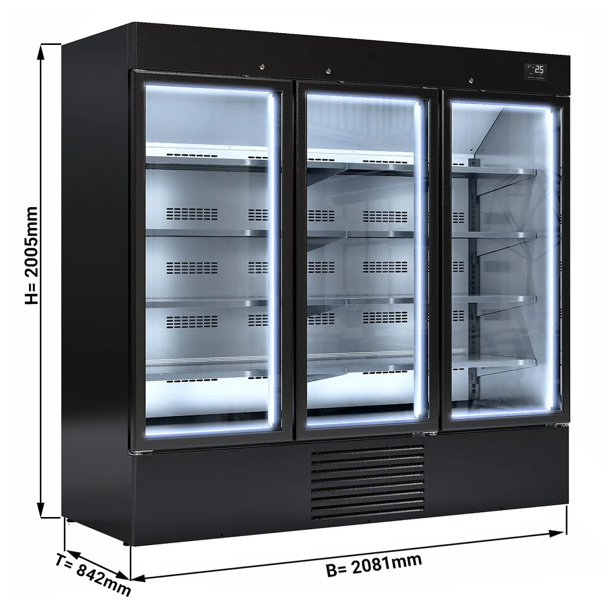 Kjølereol - 2 081 mm - 2 030 l - +4 °C til +8 °C - med 3 hengslede glassdører, med dobbelt isolerglass & 8 hyller - svart