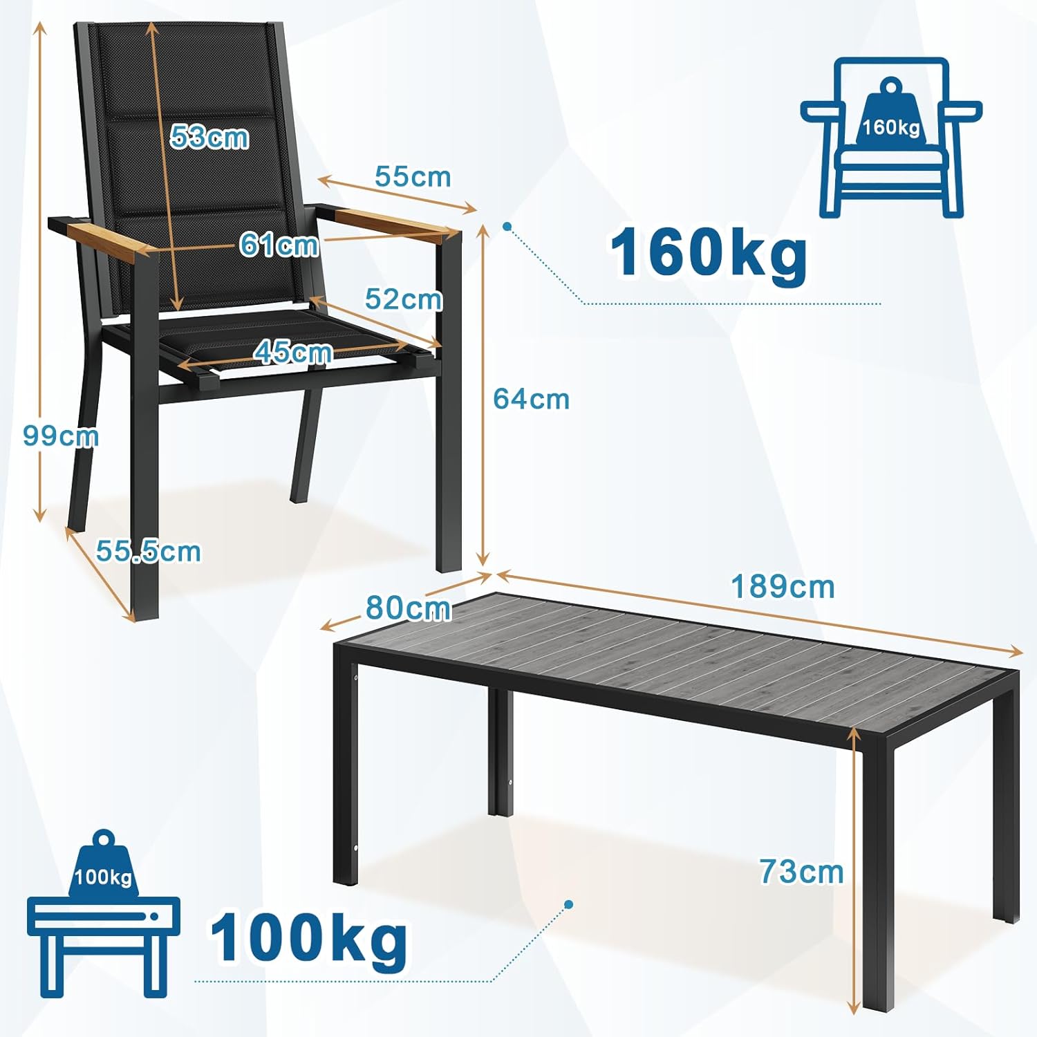 JUMMICO Gartenmöbel Set Terrassen Set Aluminium Gestell mit Holzoptik PS Tischplatte Komfortabler Hochlehner Einfach Montiert,6 Personen Set