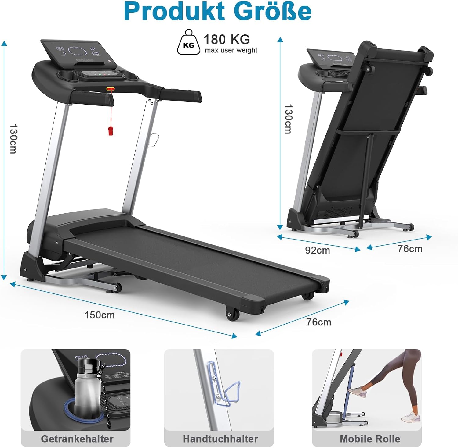 Kitopa Laufband für Zuhause, Treadmill bis 7PS und 20KM/H, Profi Große Lauffläche Laufband mit 18 Steigung, Laufbander Klappbar mit interaktivem LCD-Display & Bluetooth, Laufbander bis 180KG