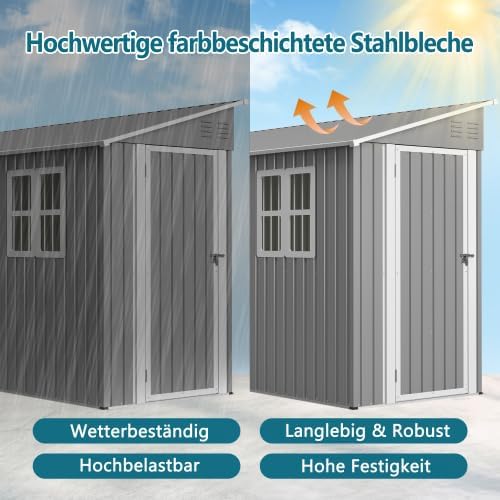 Geräteschuppen Metall 4 x 10 Fuß Anlehn-Design, Gerätehaus mit Fenster & Pultdach, wetterfester Stahlschuppen als Fahrradgarage für 2-3 Fahrräder, Mülltonnenbox & Gartengerätehaus, abschließbar, Grau