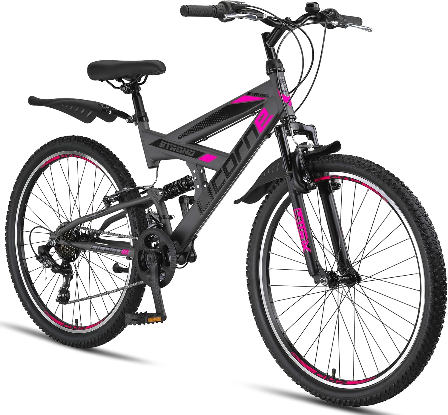 Licorne Bike Premium Strong V Mountainbike in 24 und 26 Zoll - Fahrrad für Jungen, Mädchen, Damen und Herren - 21 Gang-Schaltung - Vollfederung