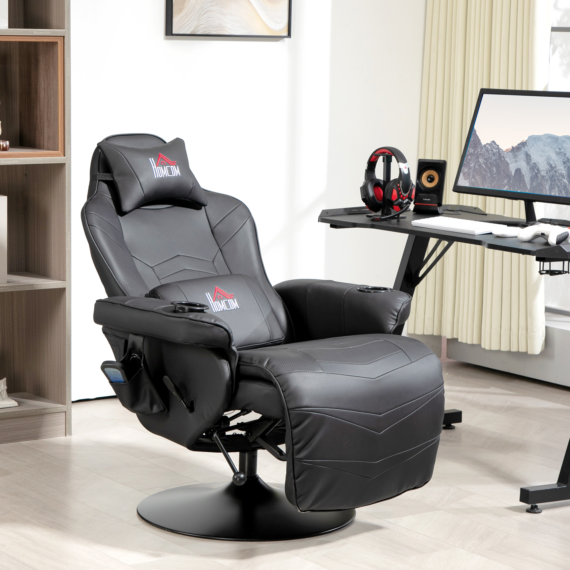 HOMCOM Gamingstoel, Massagefunctie, Kantelbare Rugleuning, Voetensteun, tot 120 kg, Stalen Frame, Kunstleer, Zwart