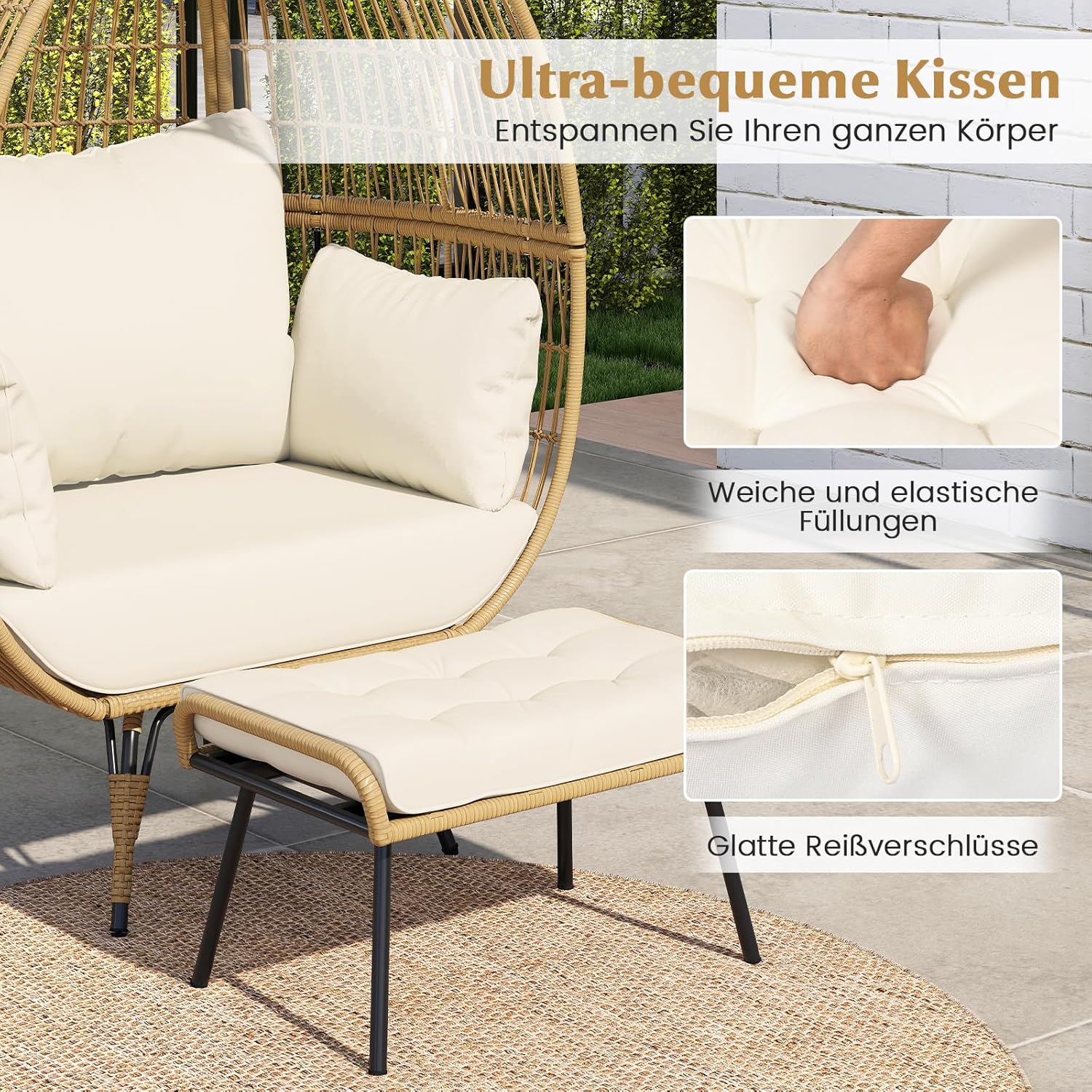 COSTWAY Korbsessel Rattan mit Hocker, übergroßer Gartensessel mit Kissen und Metallgestell, Rattansessel XXL, Loungesessel für Balkon, Garten, Wohnzimmer, Terrasse, Beige