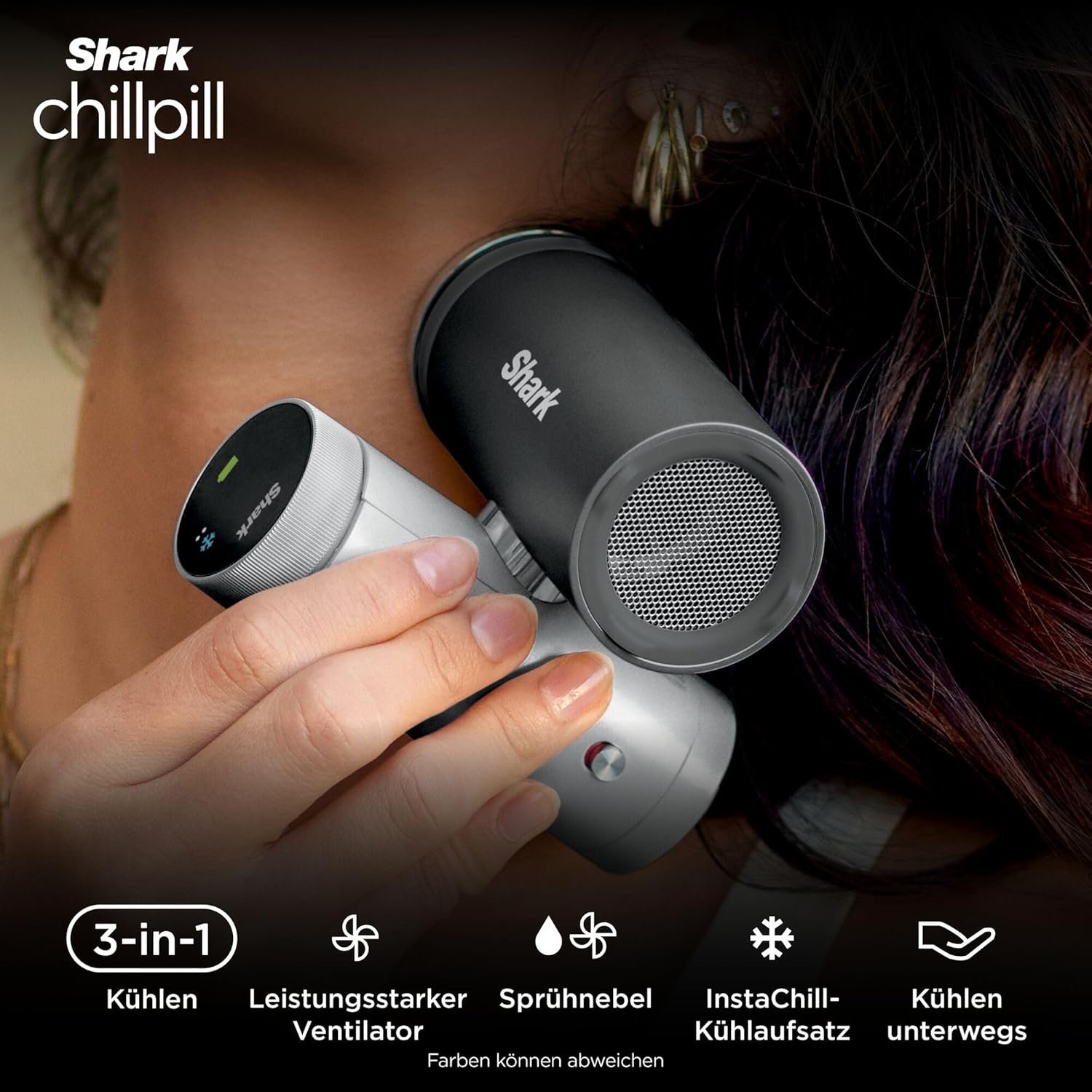 Shark ChillPill 3-in-1-Hochgeschwindigkeits-Handventilator-, Sprühnebel- und InstaChill-System, mit 3 Kühlaufsätzen, reisefreundliches Design, Hellgrau FA022EULV