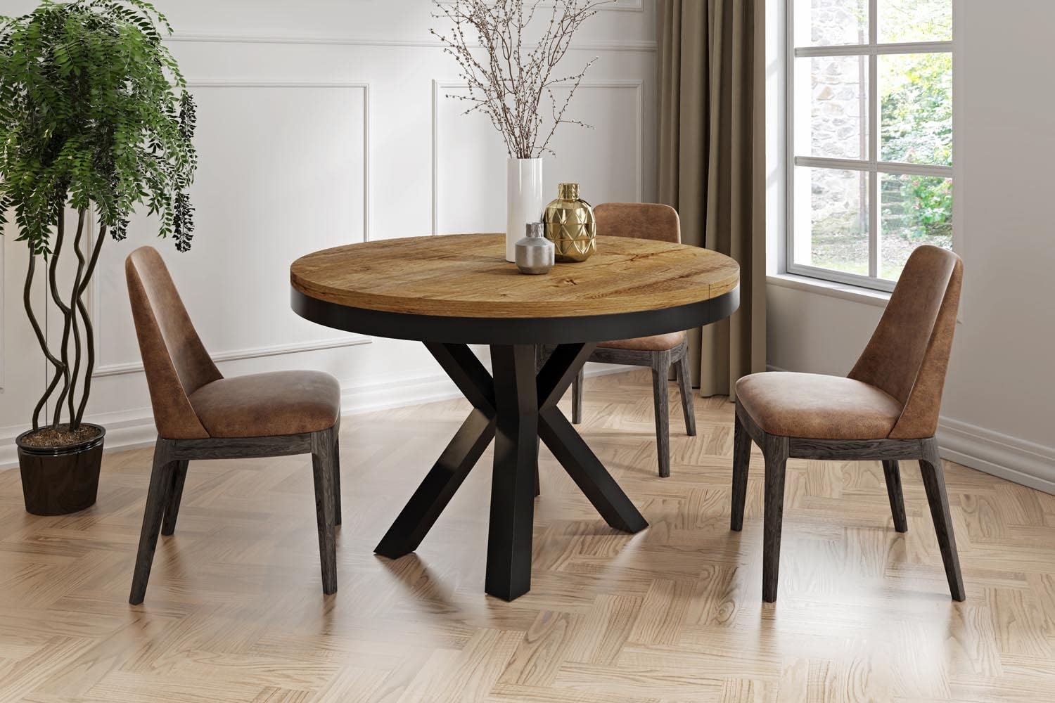 WFL GROUP Runder Ausziehbarer Esstisch im Loft-Stil - Industrieller Tisch mit Schwarzen Metallbeinen - Platzsparender Tisch für Wohnzimmer - Lefkas Eiche - 100 bis 180 cm