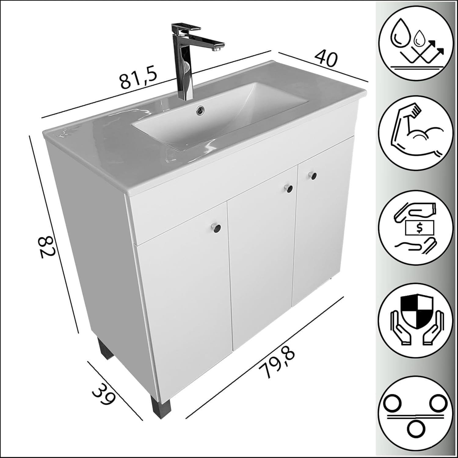 Waschbecken mit Unterschrank 80 cm Breit | Badezimmerschrank IGA Sink | Badmöbel Set für Badezimmer & Gäste-WC | Waschtisch mit Unterschrank Stehend | Waschbeckenunterschrank Weiß