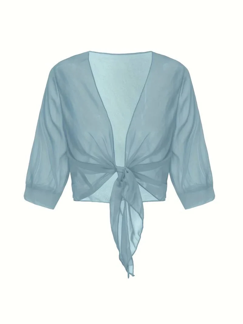 Transparente Damen-Bluse mit Bindeknoten und 3/4-?rmeln