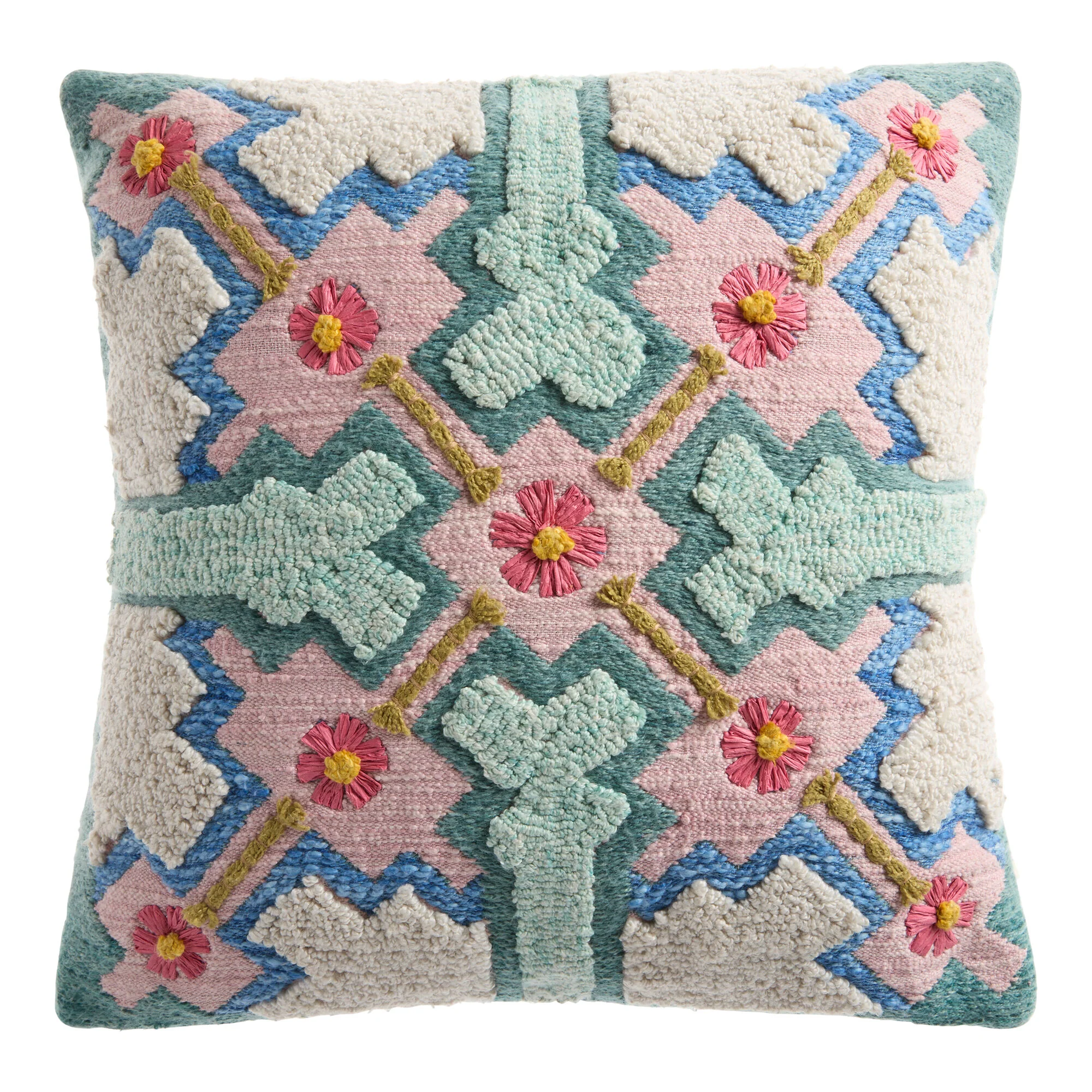 Seafoam Green and Pink Tufted Floral Indoor Outdoor Throw Pillow