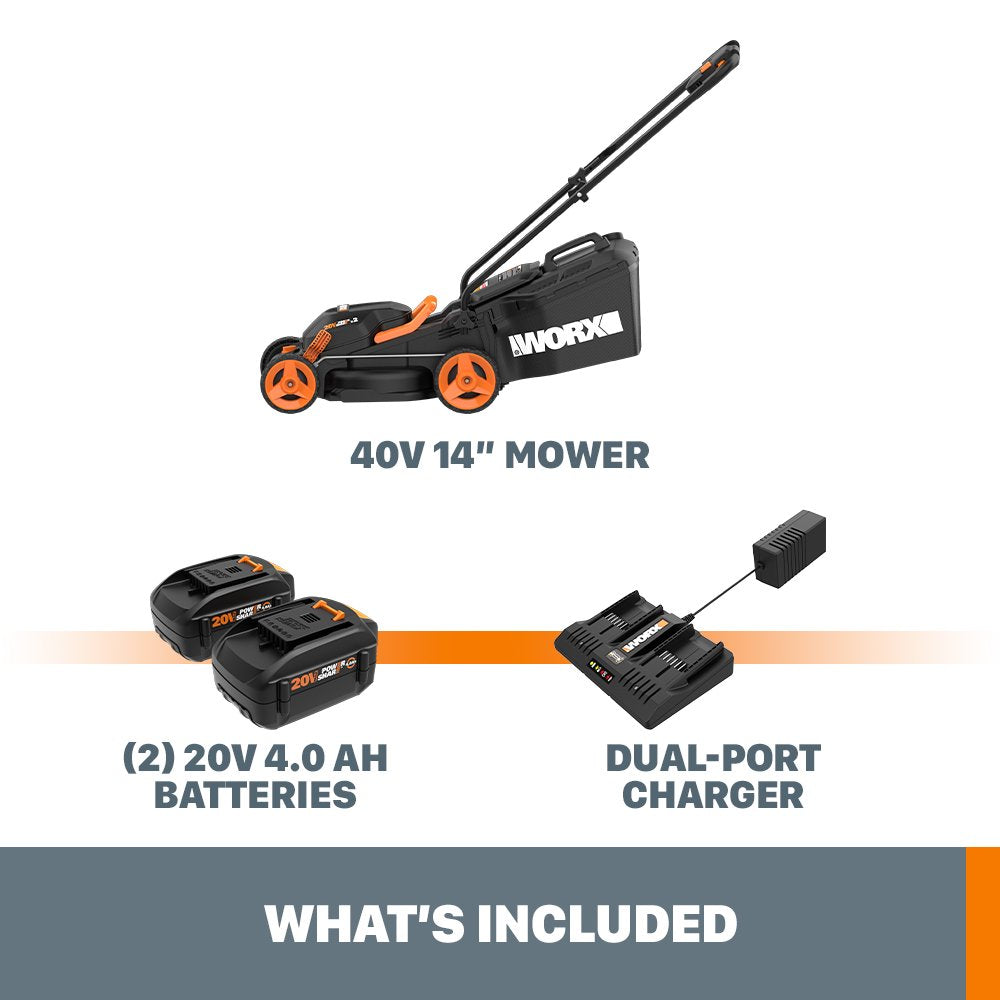 Worx 40V Cordless Lawn Mower 14��� with Intellicut, Mulching, 2x20V 4.0Ah Batteries and Charger Included