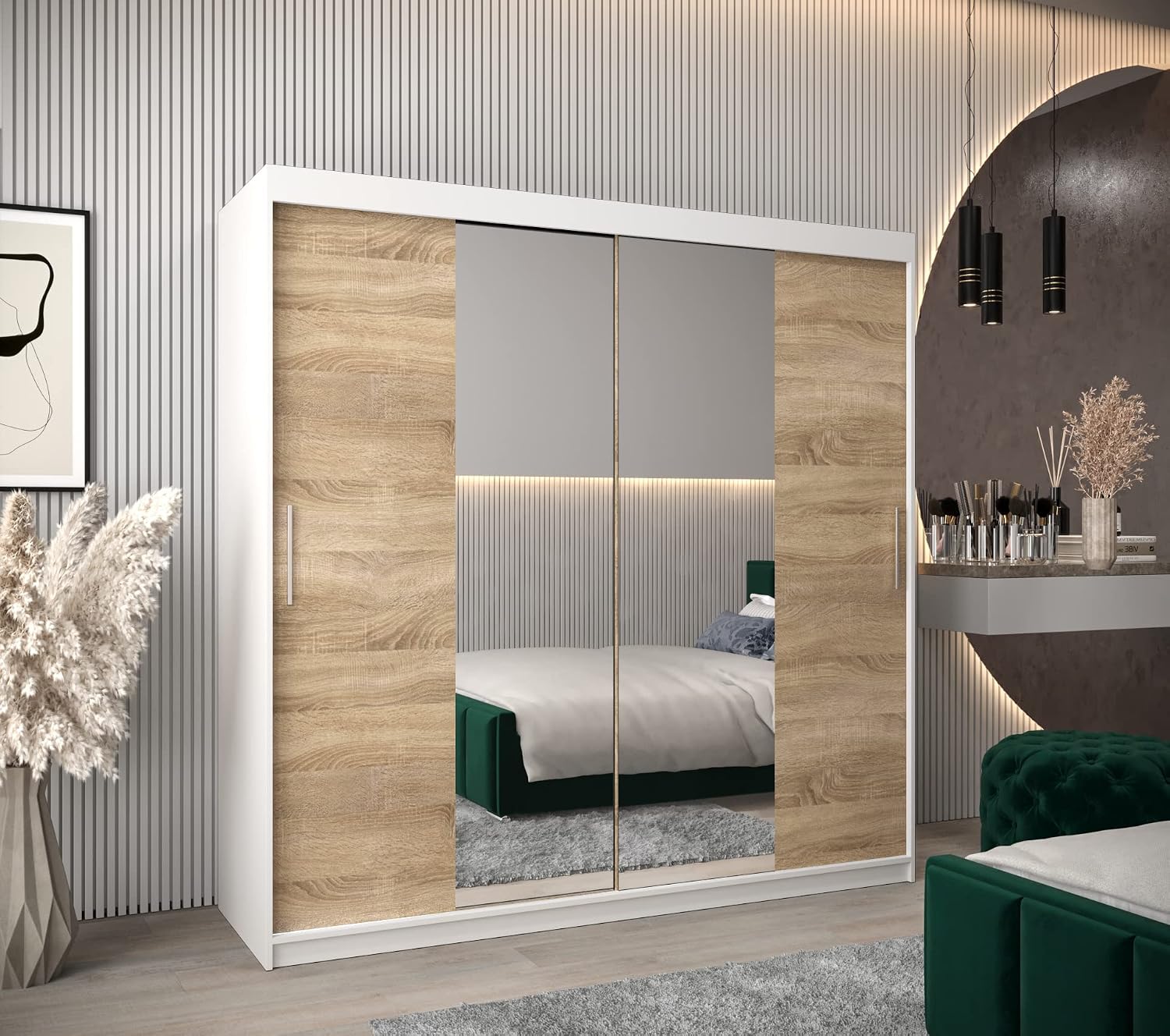 ABIKSMEBLE Tokyo 1 200 Armario de Dormitorios con Tres Puertas Correderas - Armario de Almacenamiento Moderno con Espejo, Perchero y Estantes - 200x200x62 cm - Matt White + Sonoma