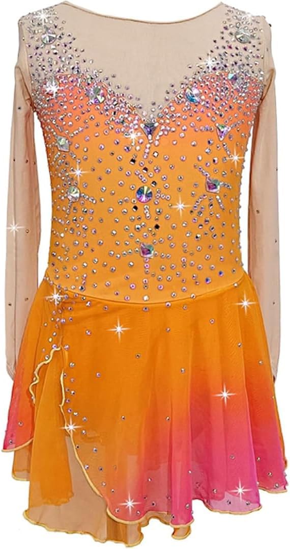 Eiskunstlauf Kleid Für Damen Langärmliges Eislauf Kostüm Hochelastische Gymnastik Tanz Wettbewerbe Röcke Flash Diamond Winter Sport Outfit