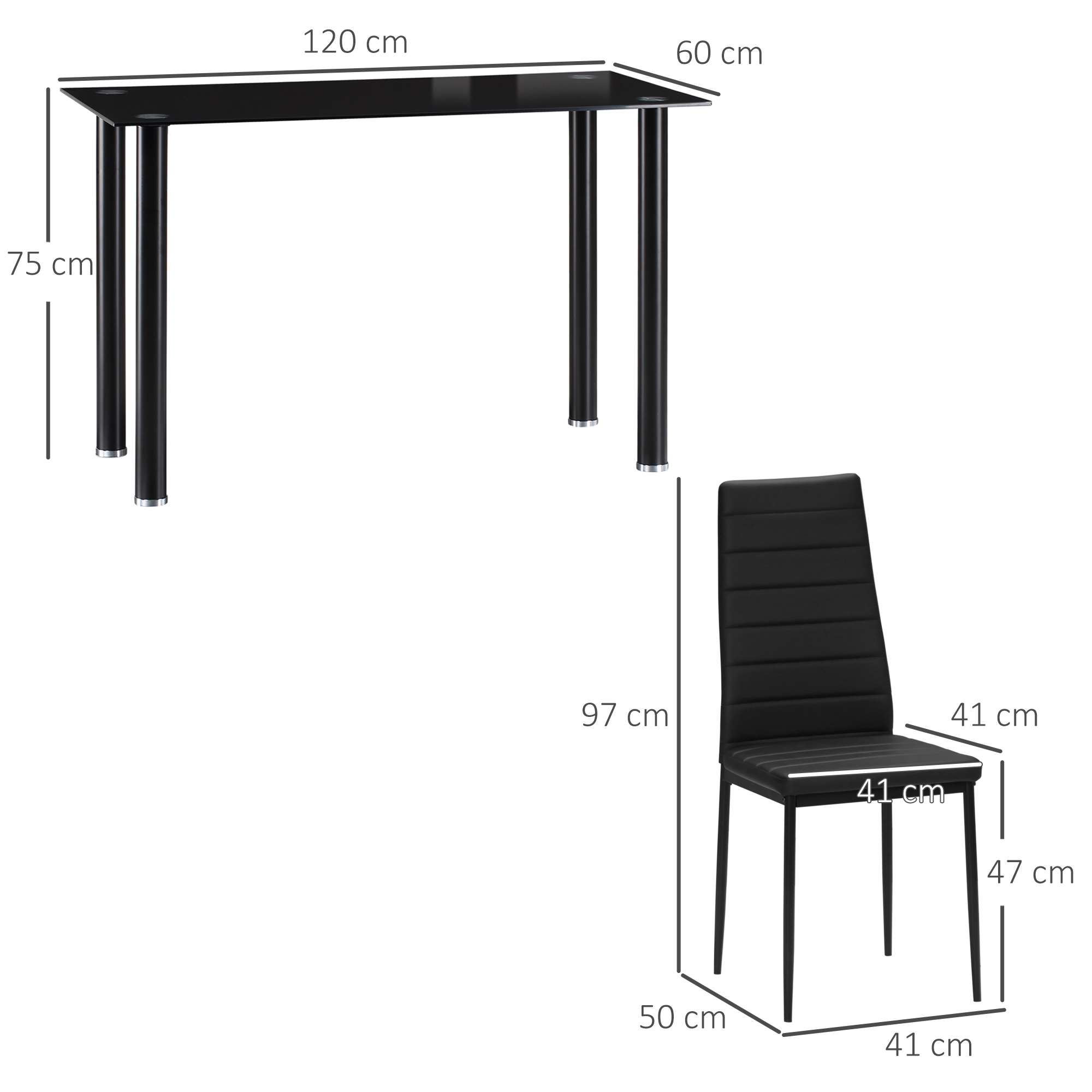5-delige Eetkamerset Tafel en 4 Stoelen, Modern Design, Glazen Tafel, Zwart