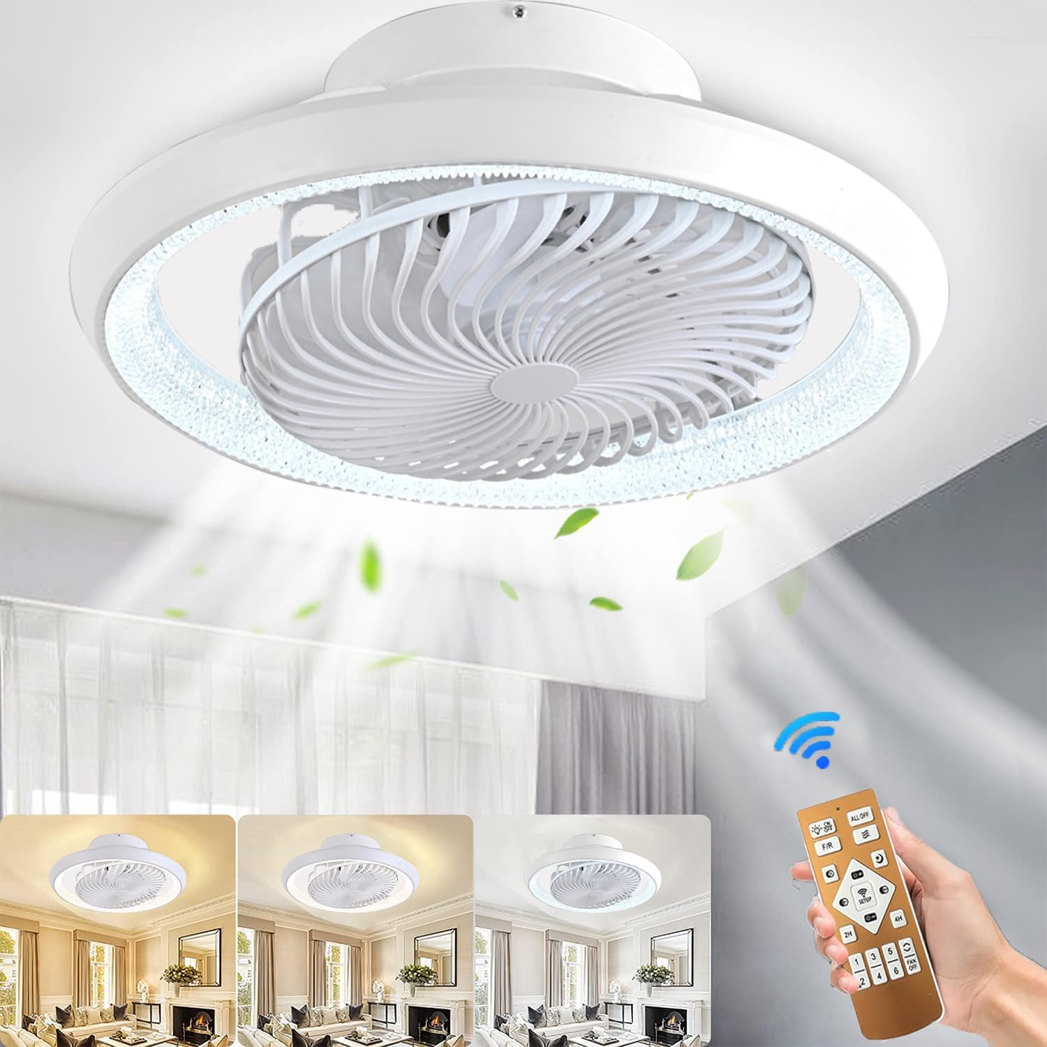 Deckenventilator mit Beleuchtung leise, Deckenleuchte mit Ventilator 360° Drehbare, LED Dimmbar 72W mit Fernbedienung Ventilator lampe, Deckenlampe ür Wohnzimmer, Esszimmer, Schlafzimmer, 49CM