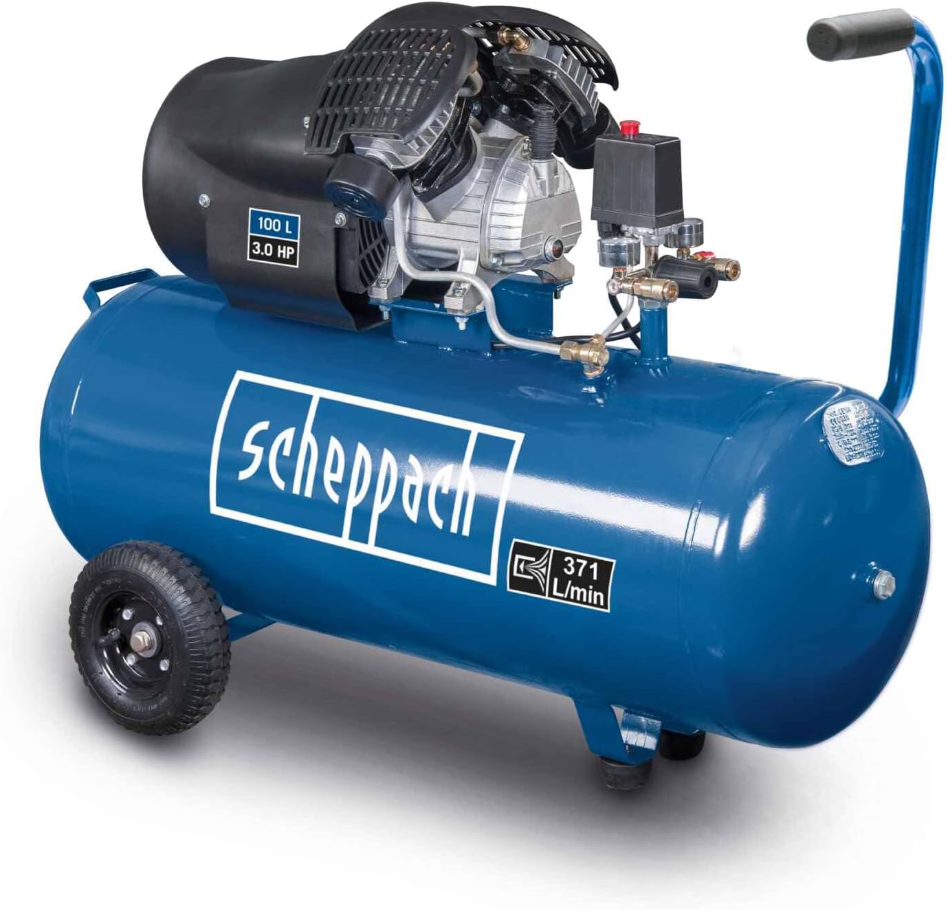 Scheppach Druckluft Kompressor HC120DC ölgeschmiert  und  langlebig 2200W Leistung 100L Kessel max. 10bar Druck 371L Ansaugleistung mit Fahrvorrichtung, Druckregler  und  Schnellanschlusskupplungen