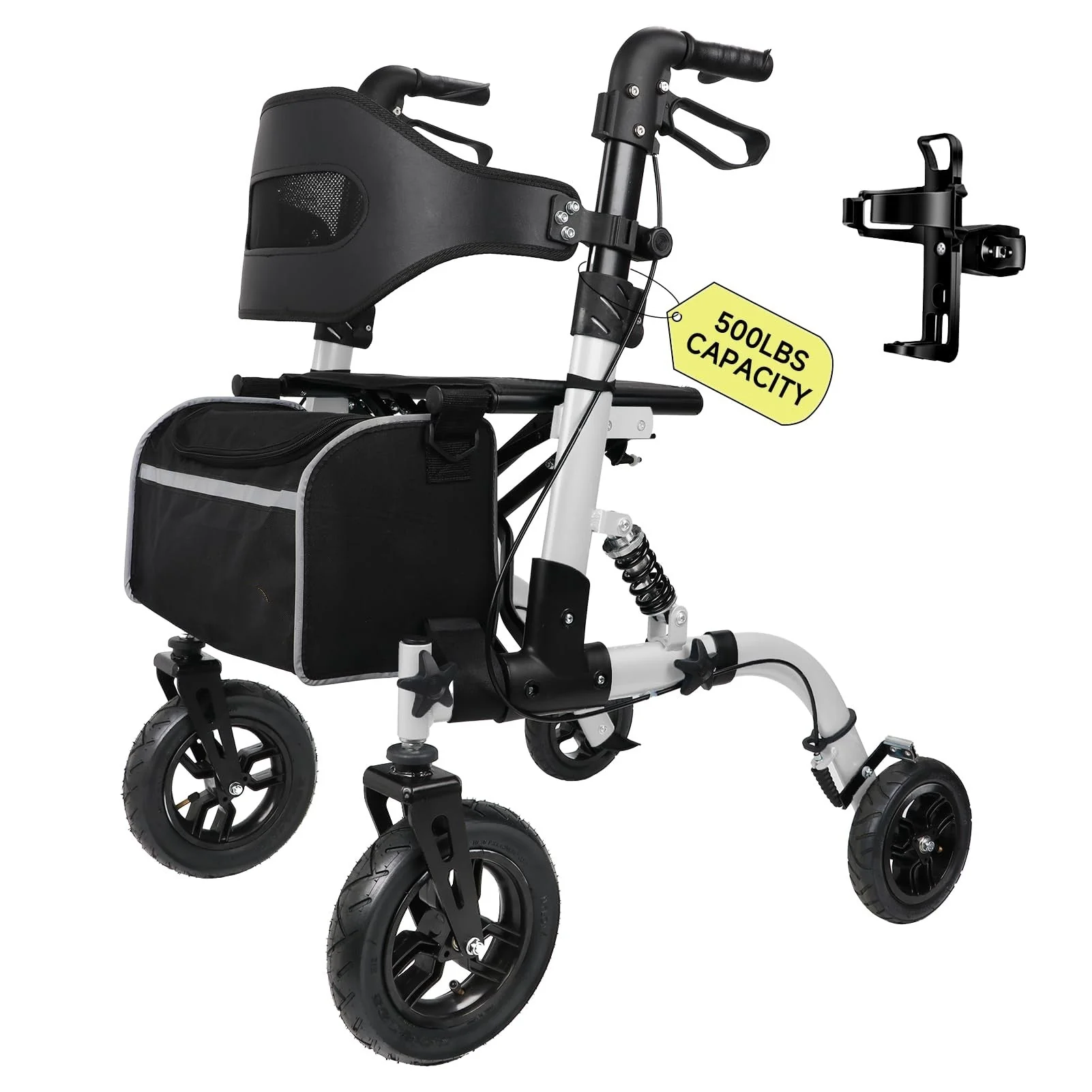 500lbs Walkers for Seniors Foldable. Heavy Duty Tall Walker with Seat. 10 Front Rubber Wheels. Outdoor Rollator All Terrain. Folding Walker. Cup and Cane Holder. Fits Height 5'6 ~ 7'5. Silver