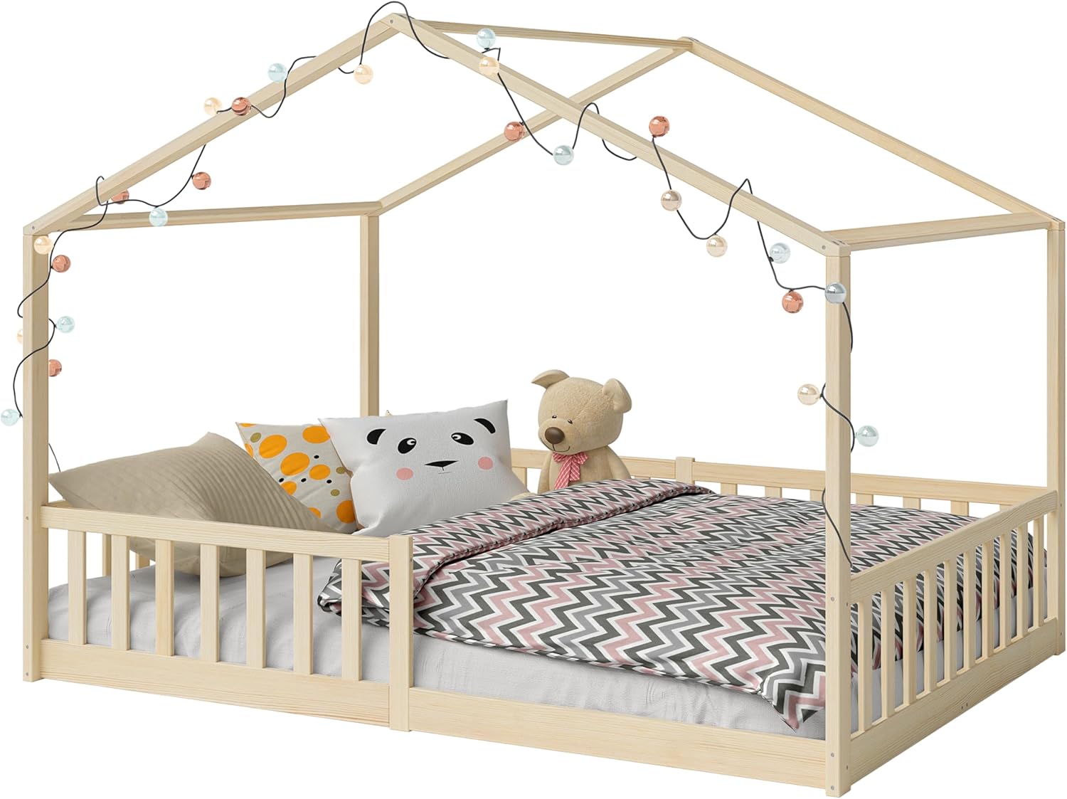 Bellabino Kinderbett Bia 140x200 cm, Hausbett Kinder inkl. Rausfallschutz und Rolllattenrost, Montessori Bodenbett weiß aus Massivholz Kiefer