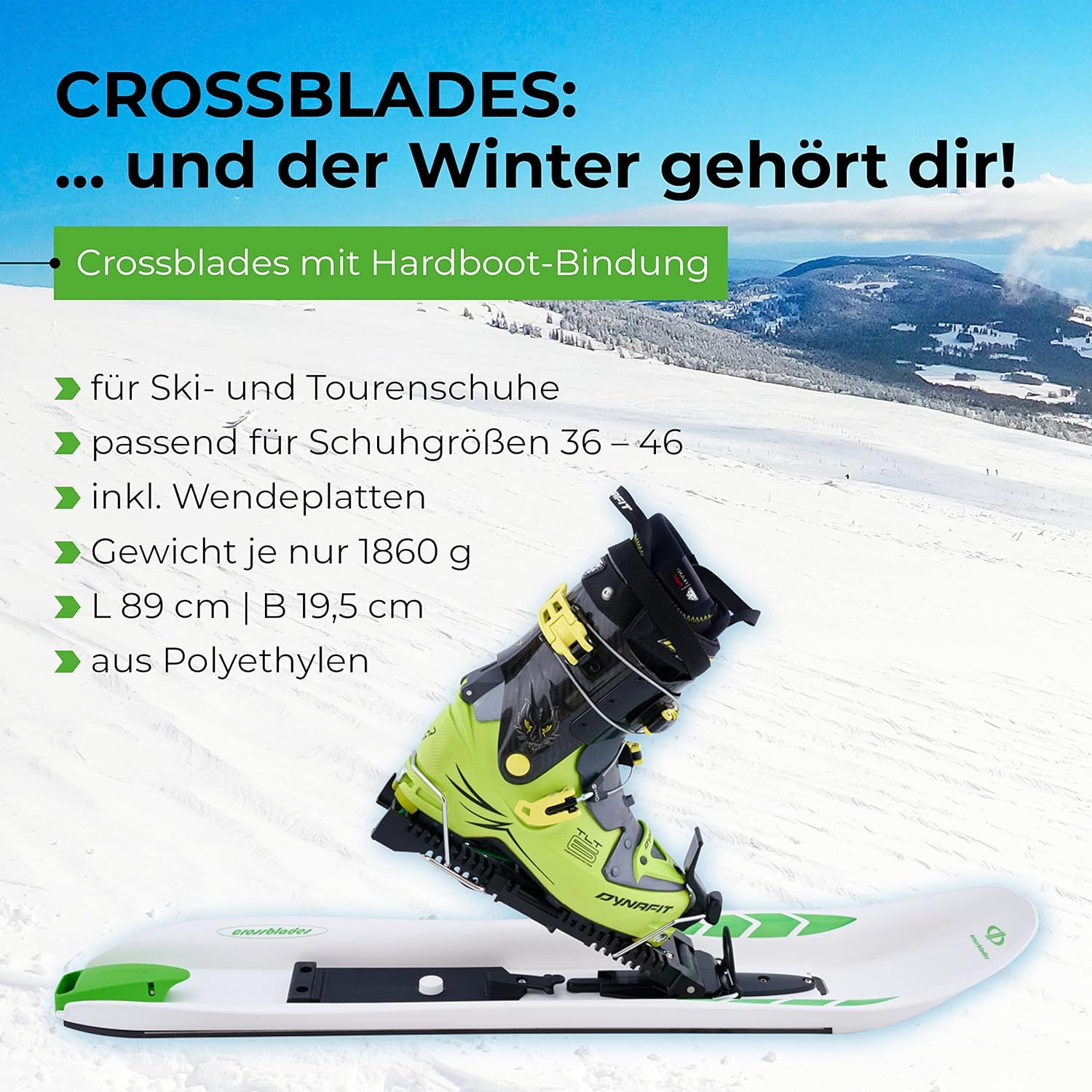 Hardboot Schneeschuhe Weiß 36-46 I 3in1 Schneeschuh zum Steigen, Fahren & Gleiten I Weltneuheit-Schneeschuhe zum Skifahren mit Skischuhen