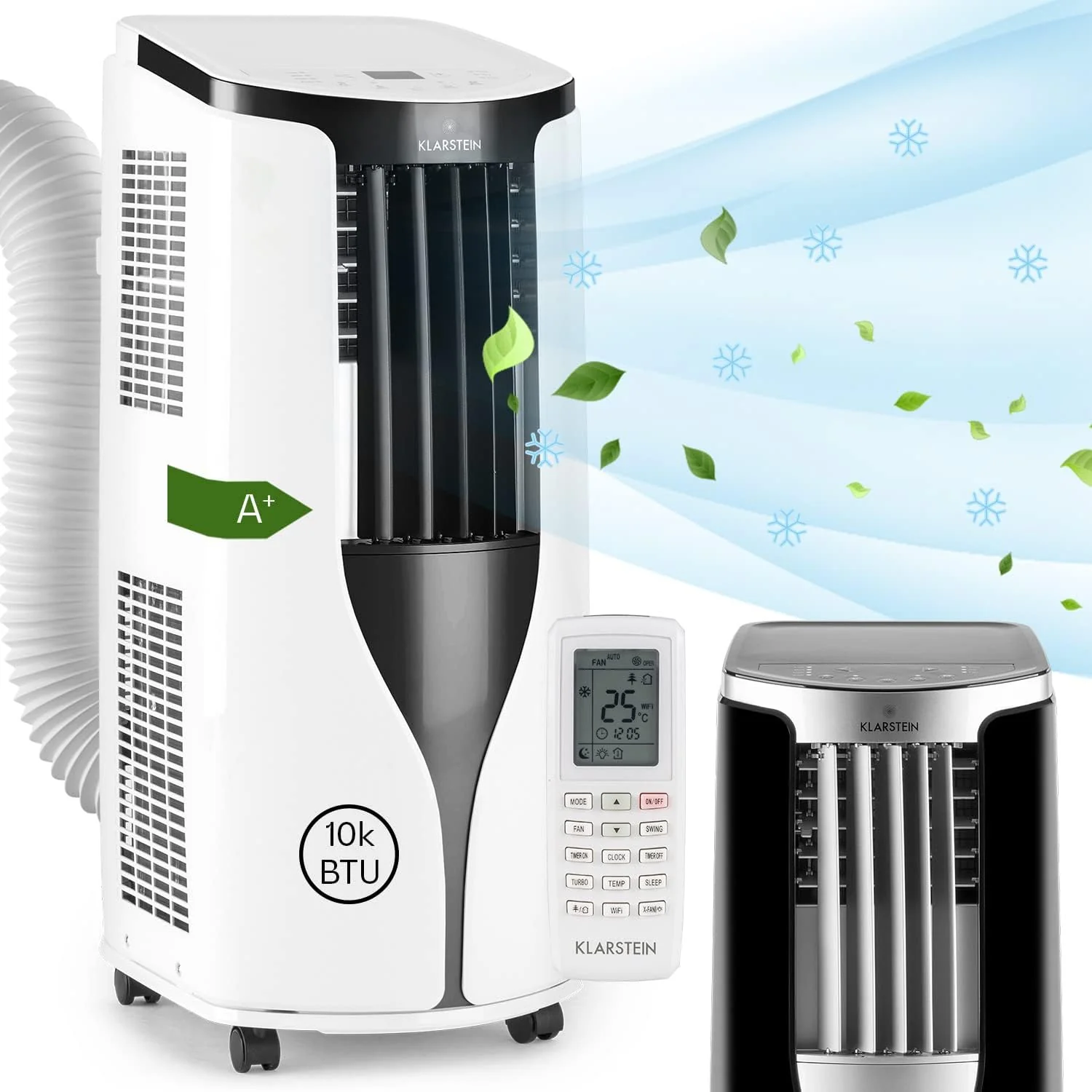 Klarstein Mobiele Airconditioner met Afvoerslang, 3-in-1 Airco met Ventilator & Luchtontvochtiger, Kleine & Draagbare Airco voor Thuis & op Kantoor, 10000 BTU AC met Laag Verbruik