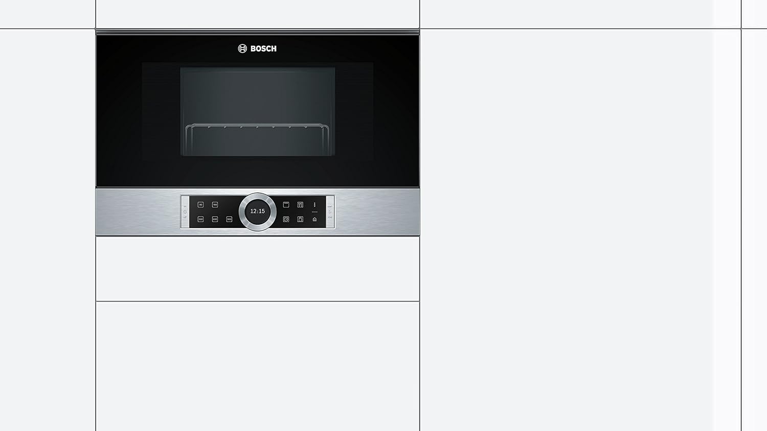Bosch BFR634GS1 Serie 8 Einbau-Mikrowelle, Türanschlag Rechts, AutoPilot 7 Automatikprogramme, Reinigungsunterstützung, TFT-Touchdisplay, LED-Beleuchtung gleichmäßige Ausleuchtung, 38 x 60 cm, 900 W