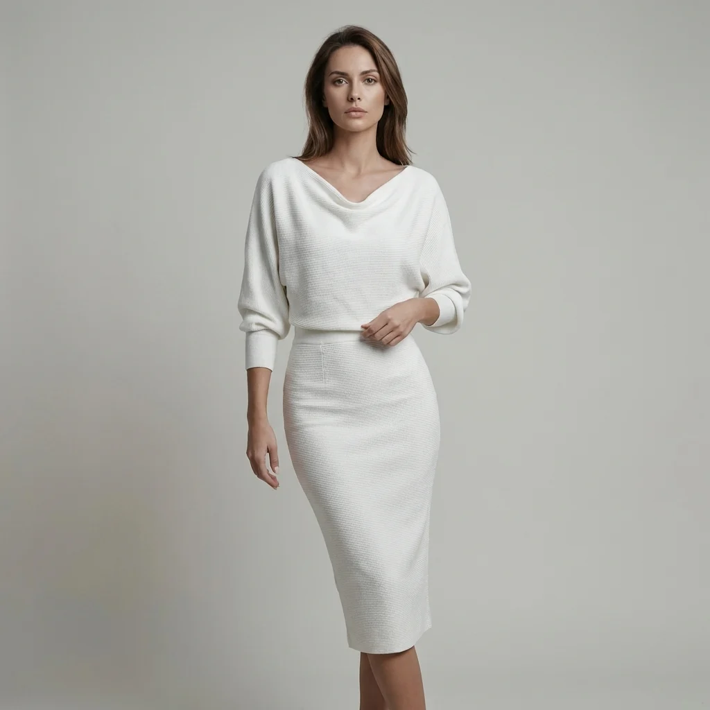 Wei?es Midi-Kleid mit drapierten Fledermaus?rmeln