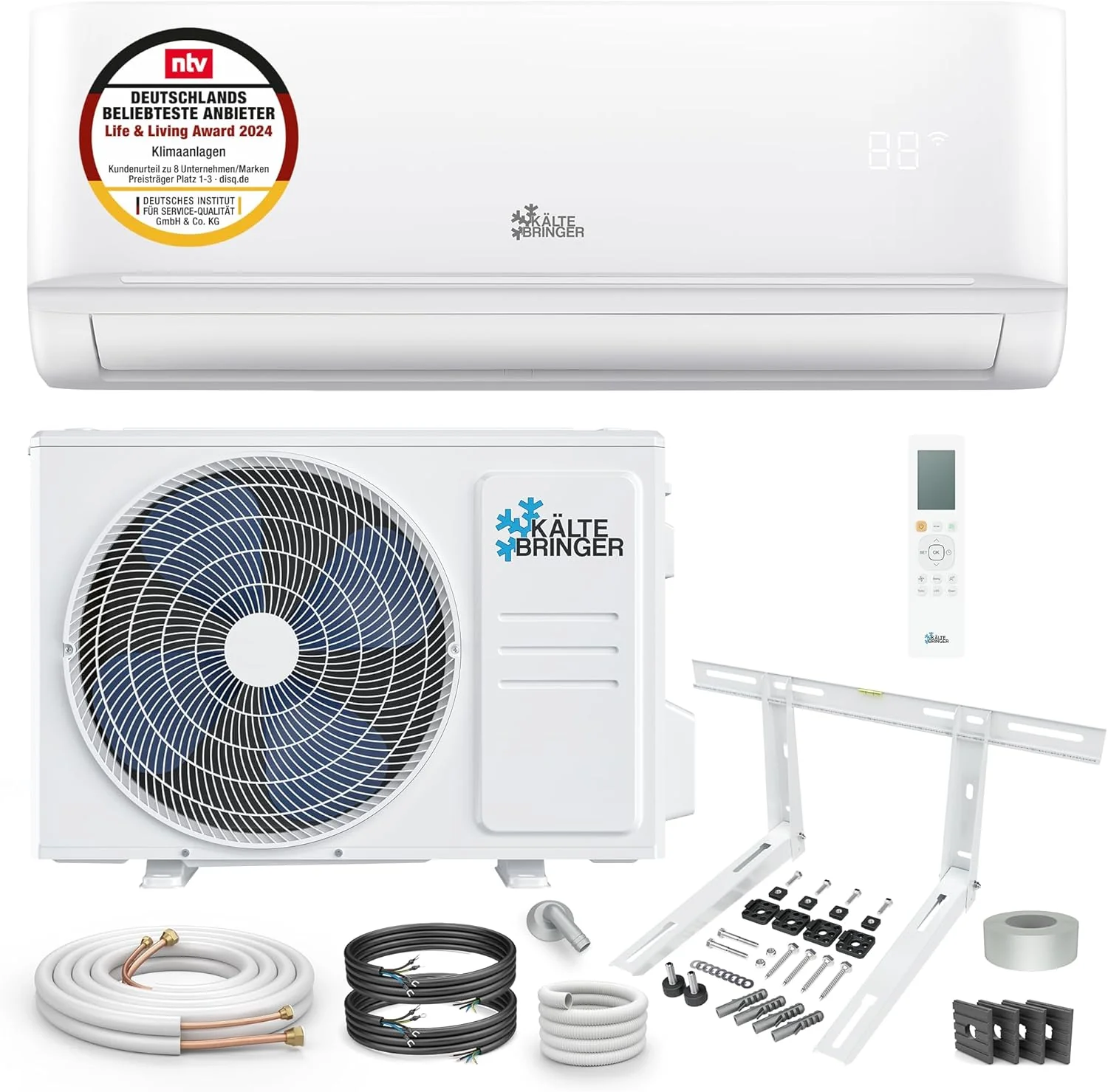K?ltebringer Split Airconditioner - 9000 BTU (2,6 kW) - Airco met Verwarming, WiFi & App, tot 45m2, zeer stil - Set met 5m Koperleiding, Koudemiddel R32, Montagemateriaal, Wandbeugel