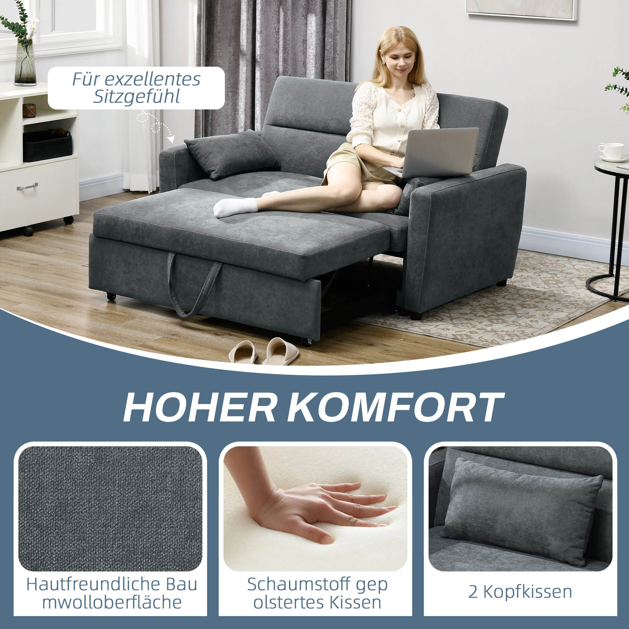 Uitklapbare slaapbank, 2-zits, tot 200 kg, Houten frame, 155x90x88,5cm, Donkergrijs