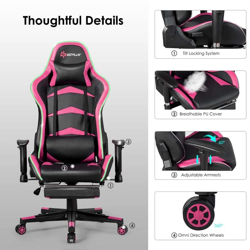 Led Massage Gaming Chair Height Adjustable Racing Computer Office Chair With Footrest Ergonomic High Back Pu Swivel Game Chair - Comfortable And Ergonomic Design