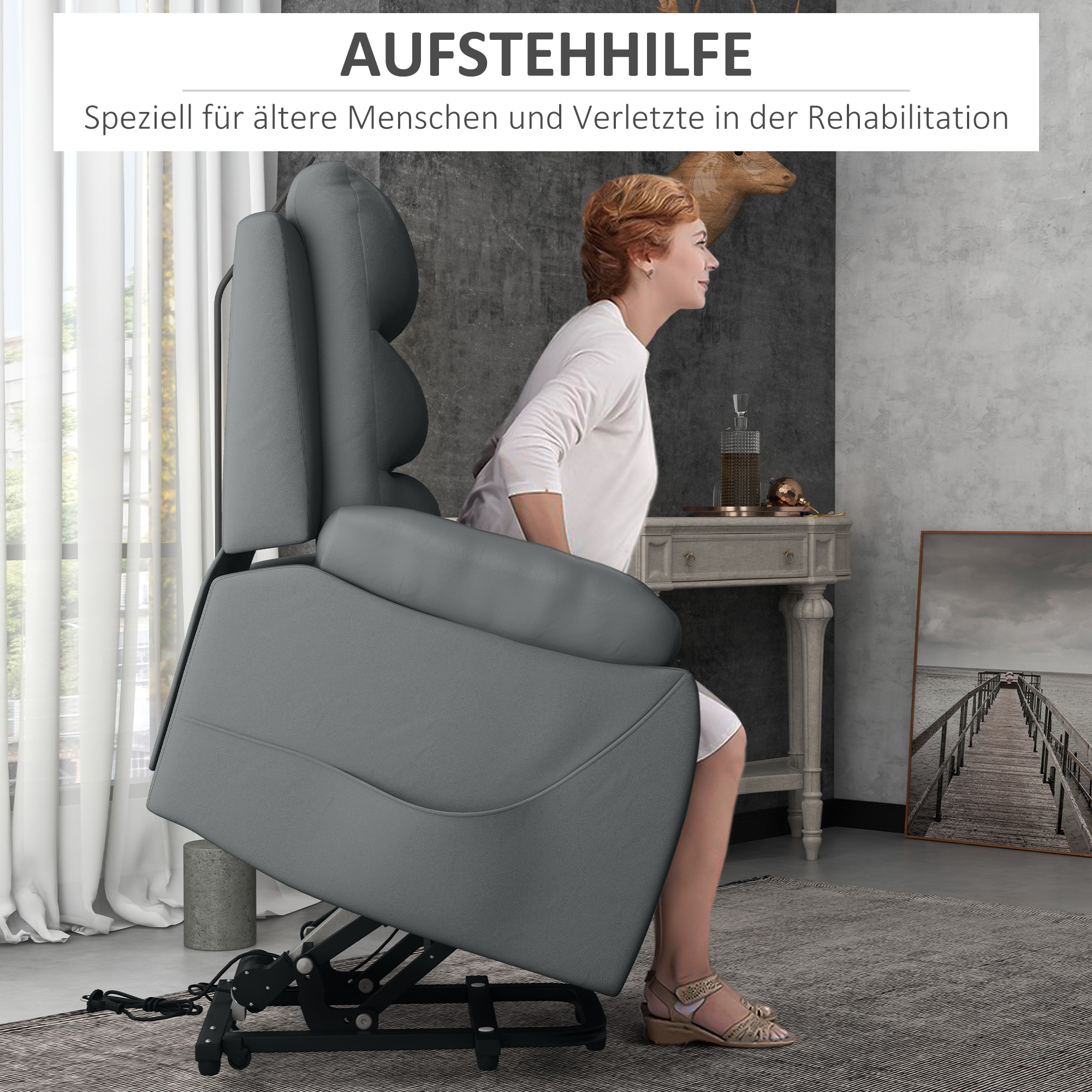 Relaxstoel met Opstahulp, Massagefunctie, Tot 180 kg, Kunstleer, Grijs