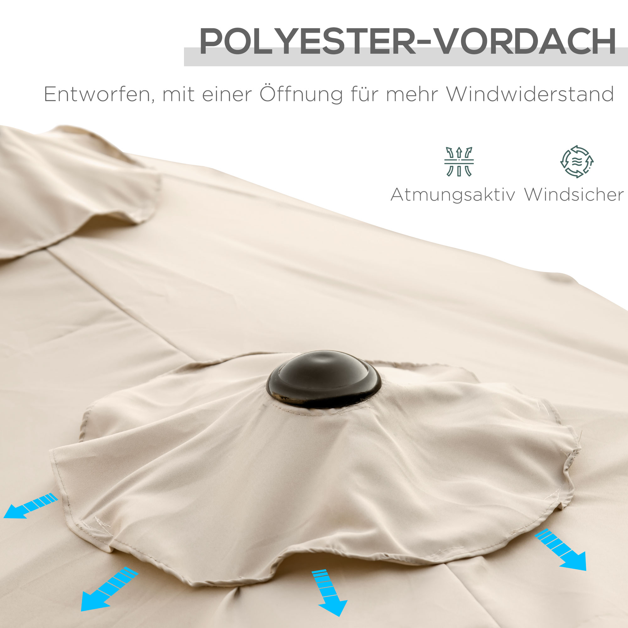 Outsunny parasol, tuinparasol, kantelbaar, met handslinger, windkap, polyester+staal, kaki, 285 x 147 cm