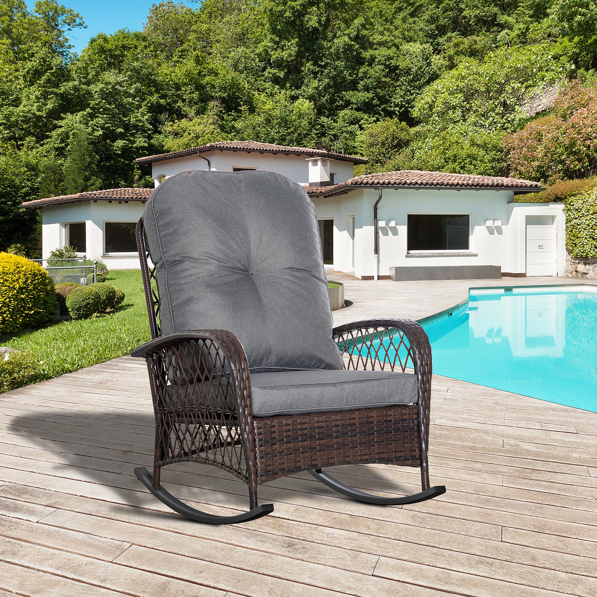 Outsunny poly rotan schommelstoel, schommelstoel, tuinstoel met kussen, loungemeubels, tuinmeubelen, terrasmeubels, bruin, 75 x 103 x 96 cm