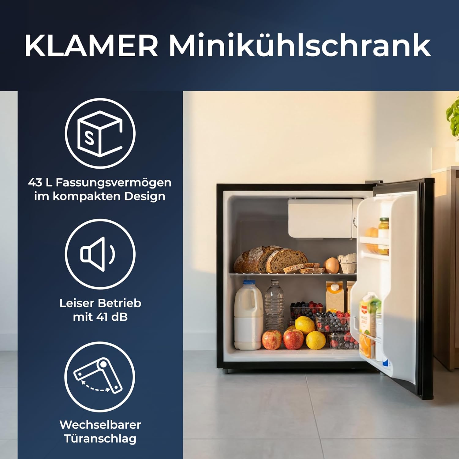 KLAMER Mini Kühlschrank mit Gefrierfach 43 L, Kleiner Kühlschrank Schwarz, 6 Kühlstufen, Kompressor, Gefrierzone, Herausnehmbares Gitter, Minibar, Kühlschrank Klein