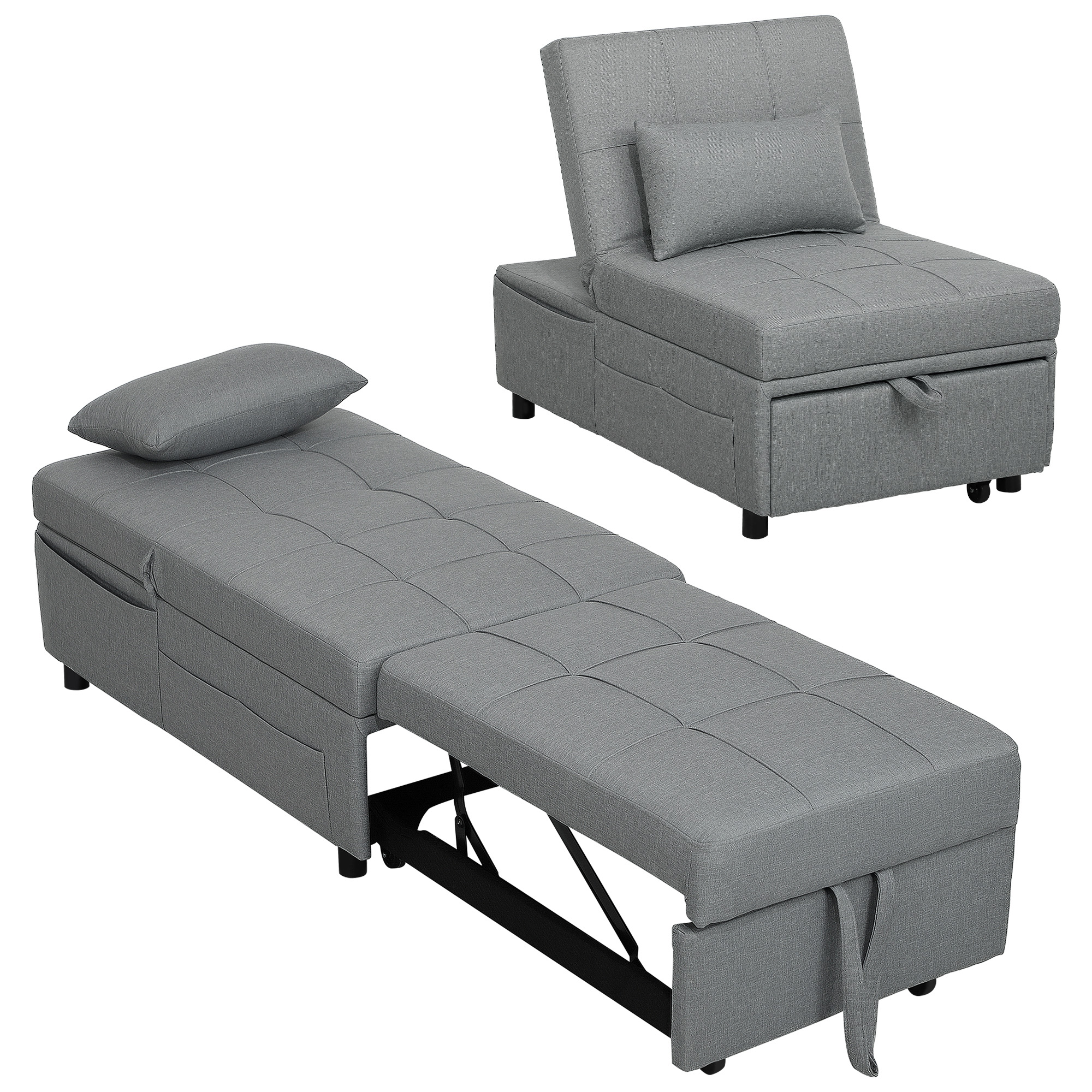 3-in-1 Opklapbare Fauteuil met Zijvak, Gastenbed met Kussen, Verstelbare Rugleuning, Slaapstoel met Wielen, Lichtgrijs