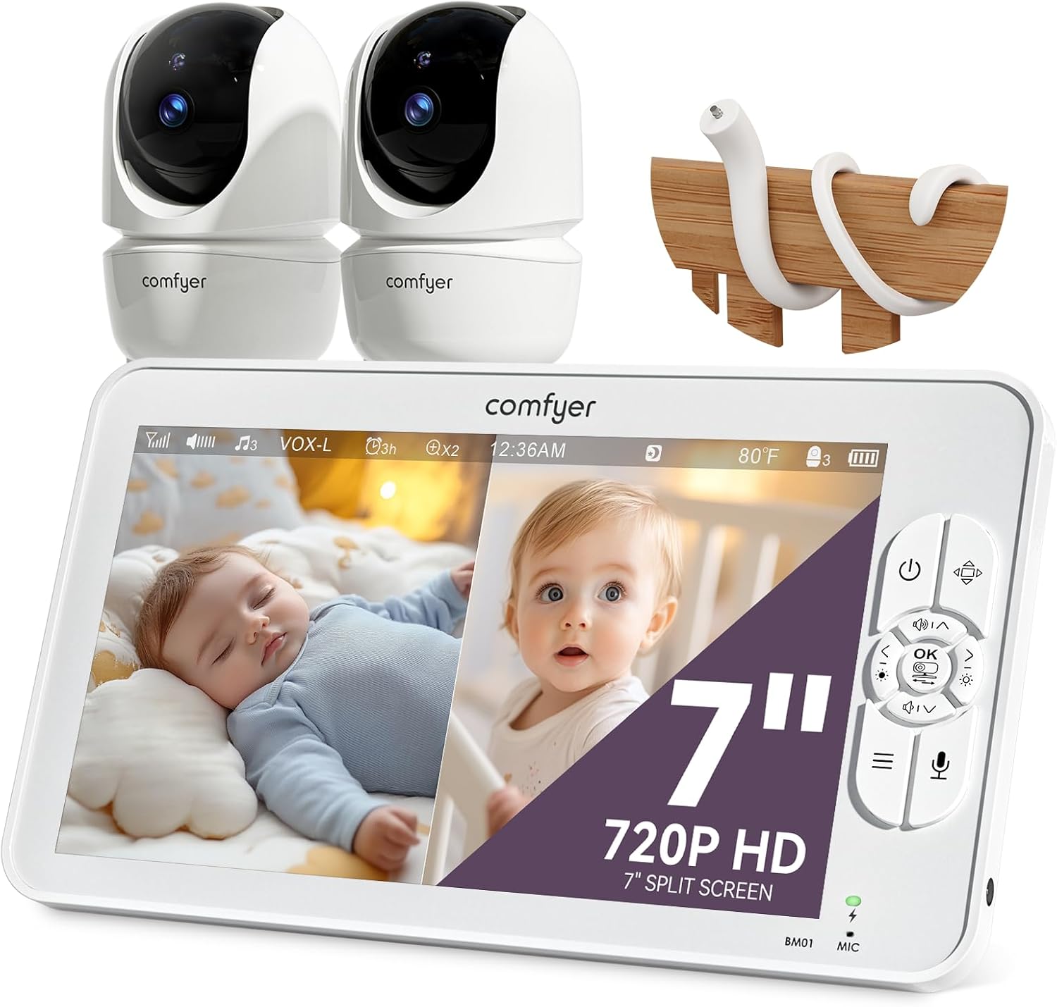 Comfyer Split-Screen Babyphone mit 2 Kameras, 7 HD 720P Video Babyphone ohne WLAN mit Halterung, IR-Nachtsicht Weitwinkelobjektiv Vox-Modus 2-Wege-Audio 960 Fuß Reichweite Videoüberwachungsgeräte