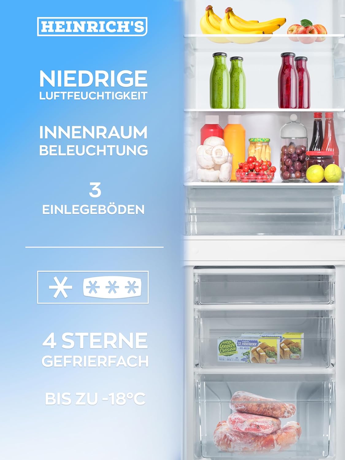 Heinrichs Fridge Freezer Combination 175 Litres, Cooling Volume 122 L, Freezer 53 L, LED Interior Lighting, Fridge Door Hinge, Changeable, Quiet 39 dB, Large Freezer Boxes, 7 Temperature Levels, inox