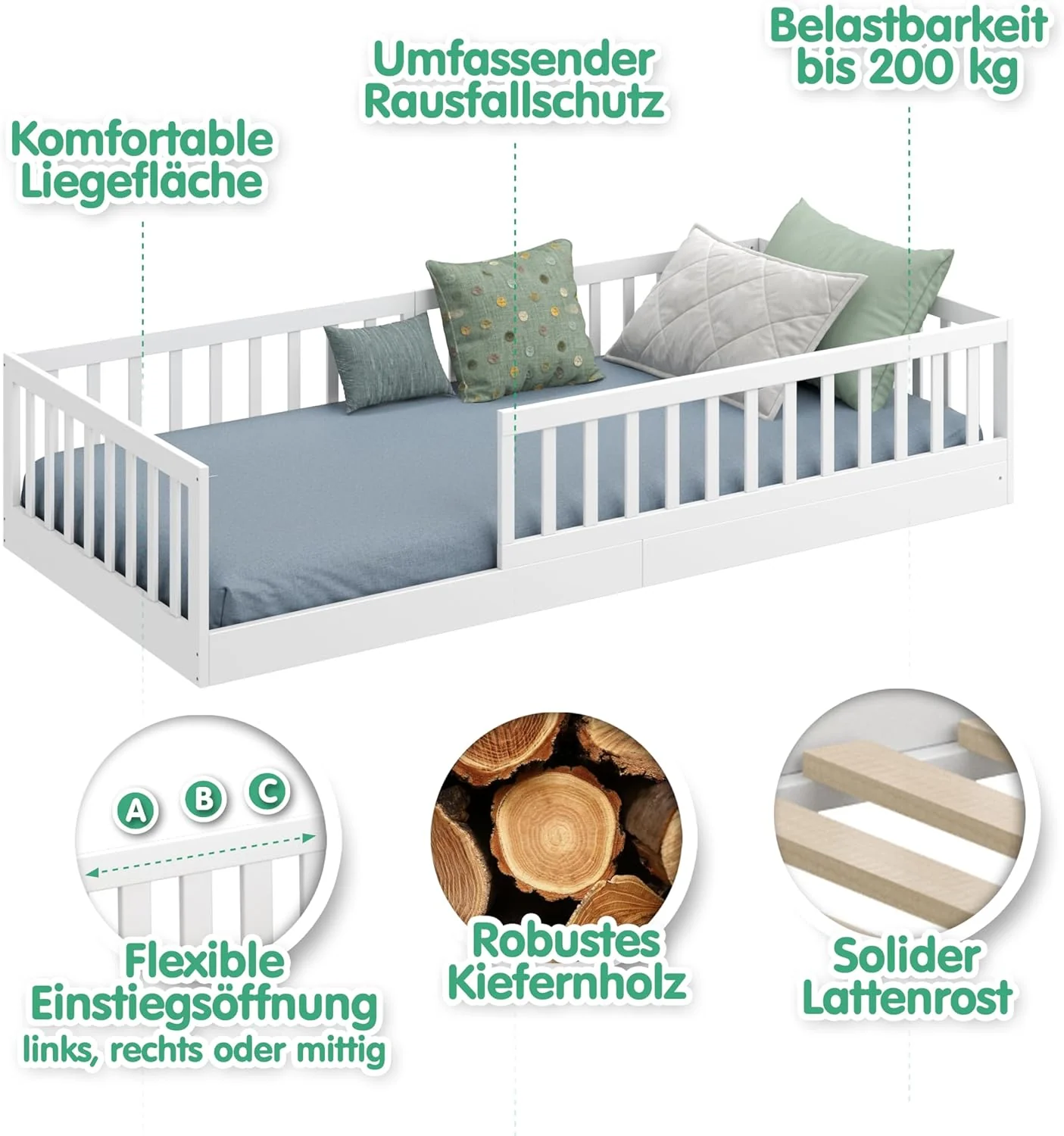 CADANI Timi 2-in-1 Vloerbed 140x200 cm Montessori Kinderbed met uitneembare valbeveiliging incl. lattenbodem, massief grenenhout, wit - 3 opbouwmogelijkheden, belastbaar tot 200 kg, ombouwbaar