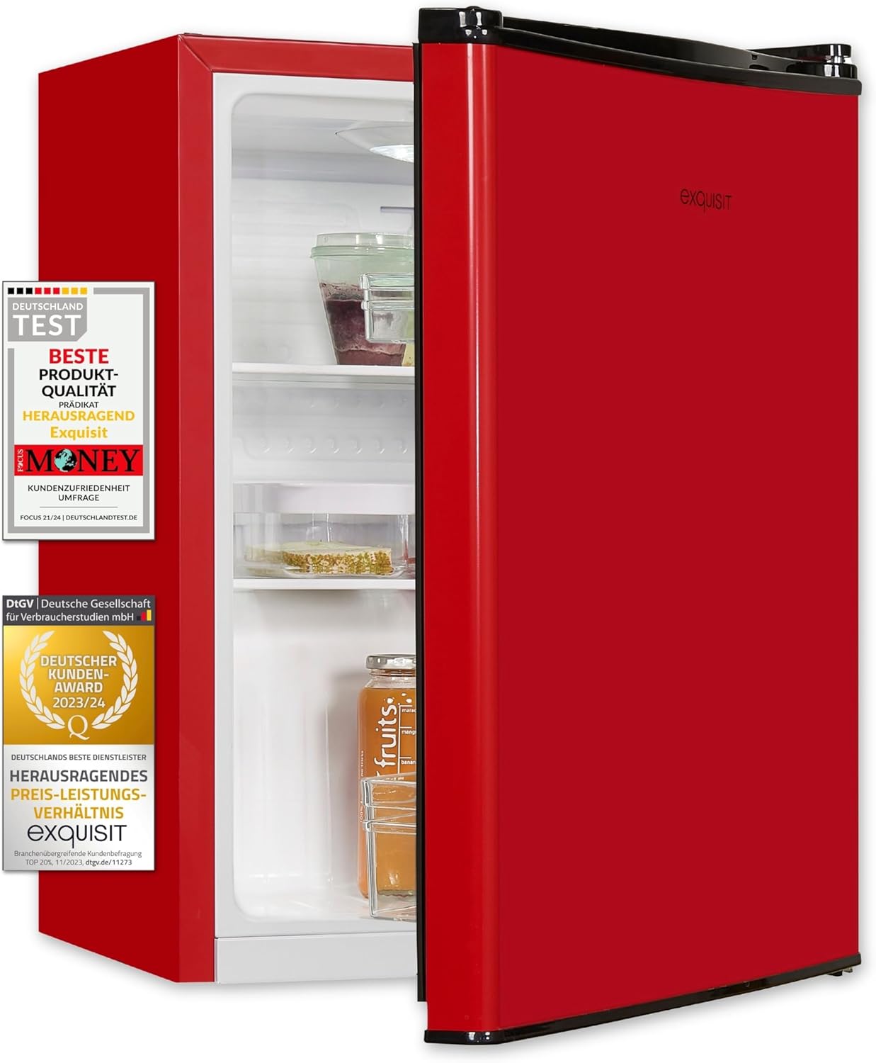 Exquisit Mini Kühlschrank KB60-V-090E rot | 52 l Nutzinhalt | LED-Innenbeleuchtung | Glasablagen | 45cm Breite