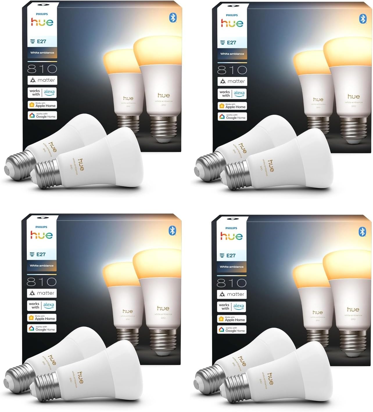 Hue Bundle – 4 x Doppelpackungen White Ambiance 810 A60 E27 Smart-Leuchtmittel (8 Glühbirnen), dimmbare LED, warmes bis kühles Licht, App- und Sprachsteuerung, funktioniert mit Alexa, Google
