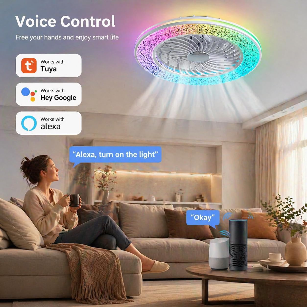 Smarte Deckenventilator mit Beleuchtung Kompatibel mit Alexa und Google Assistant RGB Deckenleuchte mit Ventilator Dimmbar mit Fernbedienung Leiser Fan Deckenlampe für Schlafzimmer Wohnzimmer Ø50CM