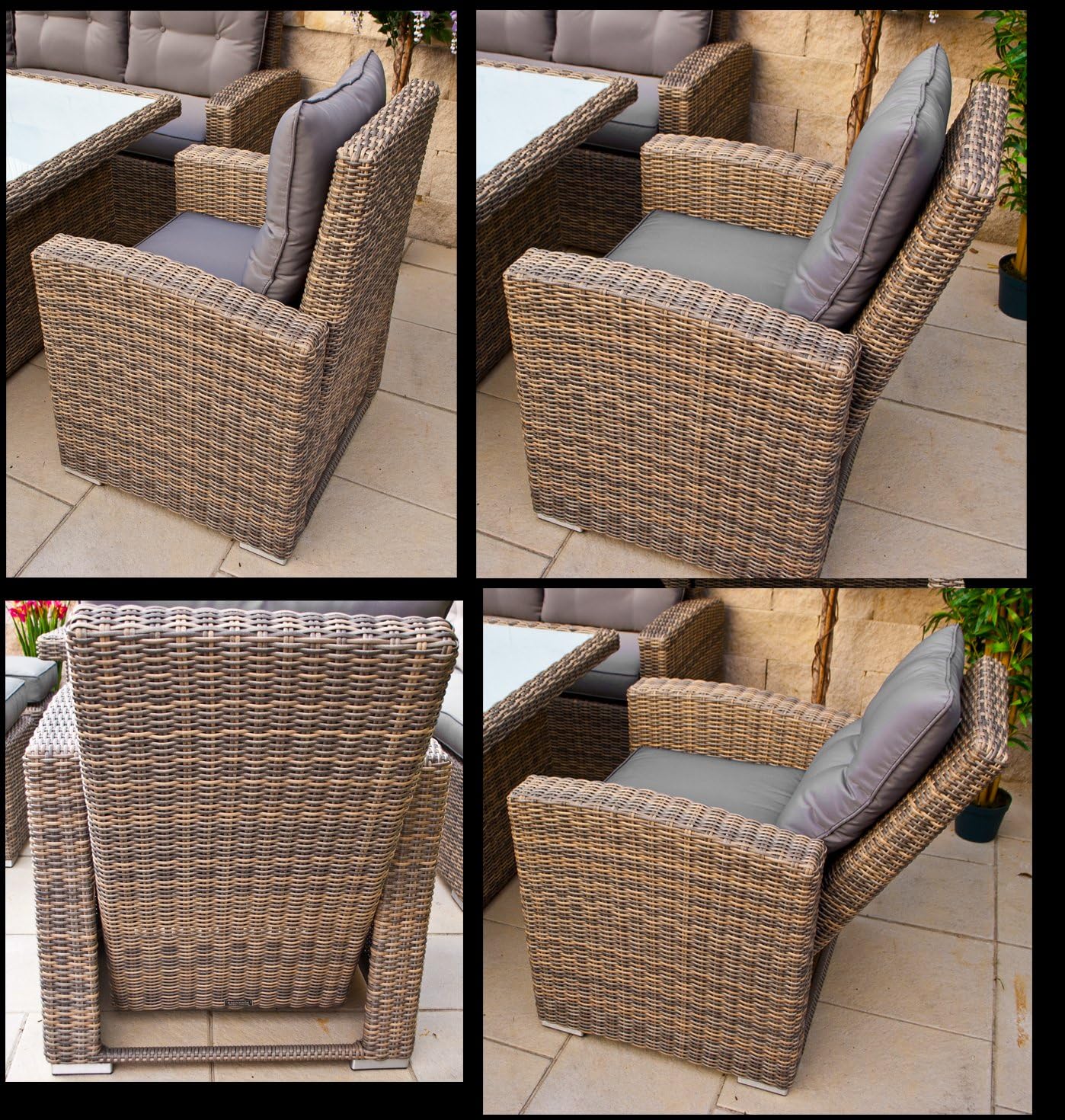 Ragnarök-Möbeldesign hohe Dining Lounge - DEUTSCHE Hersteller - 8 Jahre GARANTIE - EIGENE Produktion - PolyRattan Gartenmöbel Essgruppe Sessel Naturfarben Rundrattan Grau