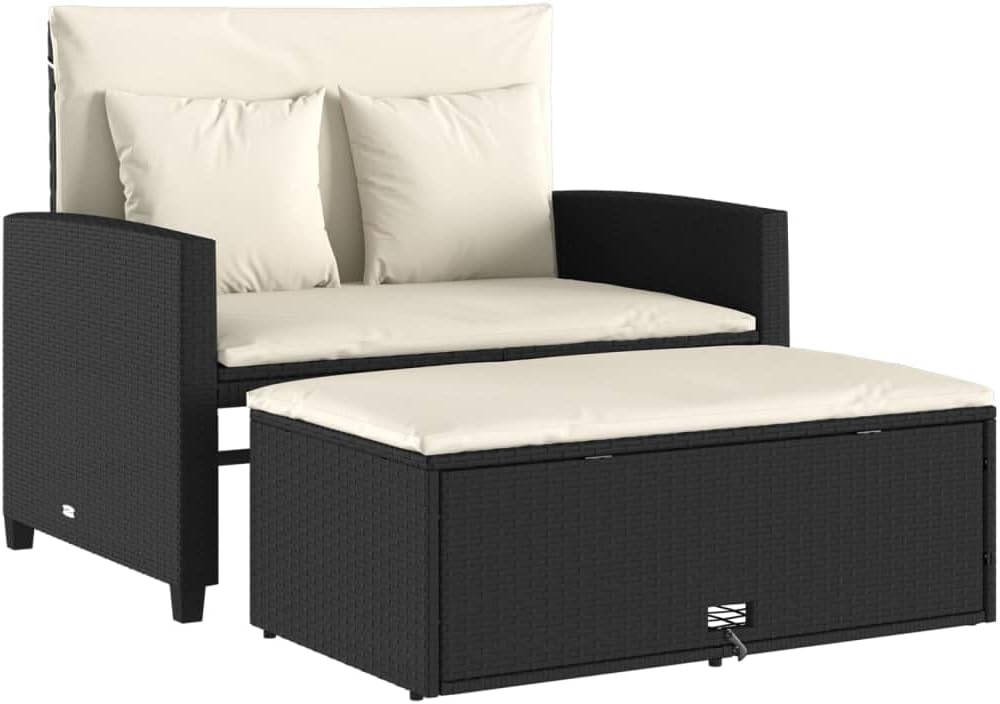 vidaXL Gartensofa 2-Sitzer, Outdoor Sofa mit Hocker mit Staufach, Gartenmöbel mit Kissen, Gartensessel Gartenbank, Schwarz Poly Rattan VC9087349